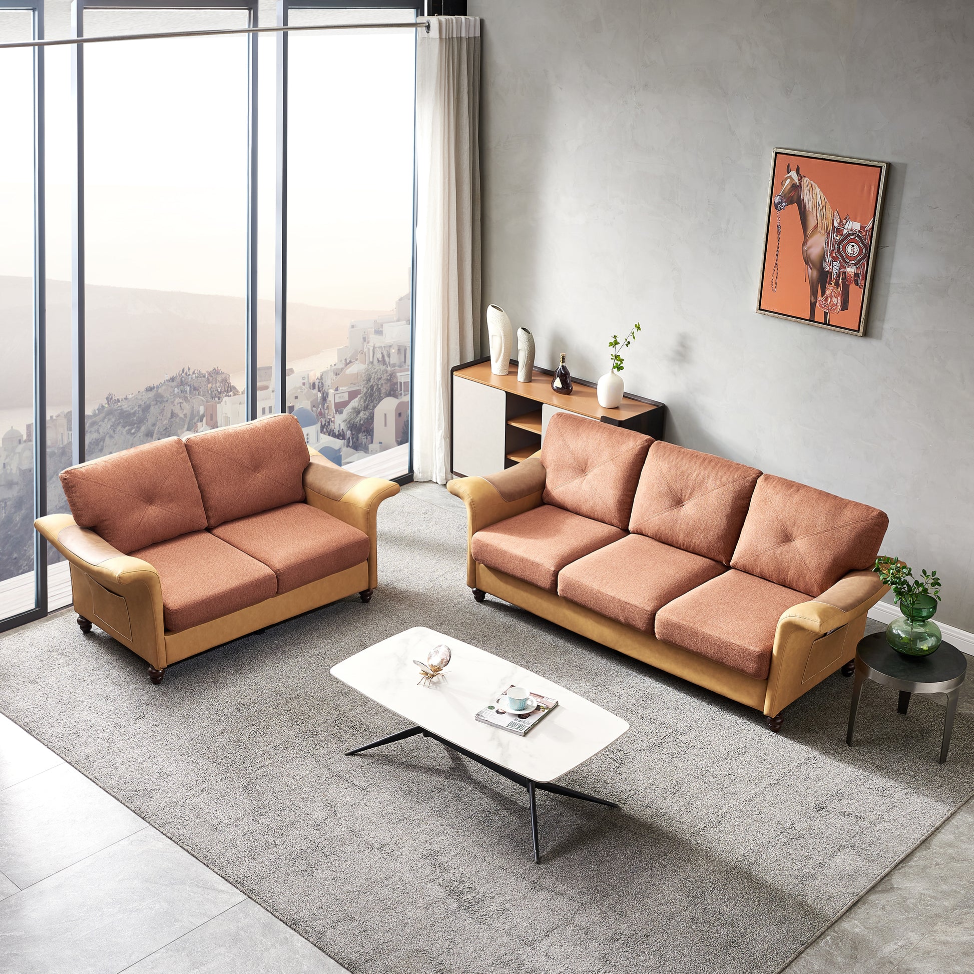 Living Room Furniture Linen Fabric Faux Leather With Wood Leg 2 3 Sectional Brown Brown Foam Fabric