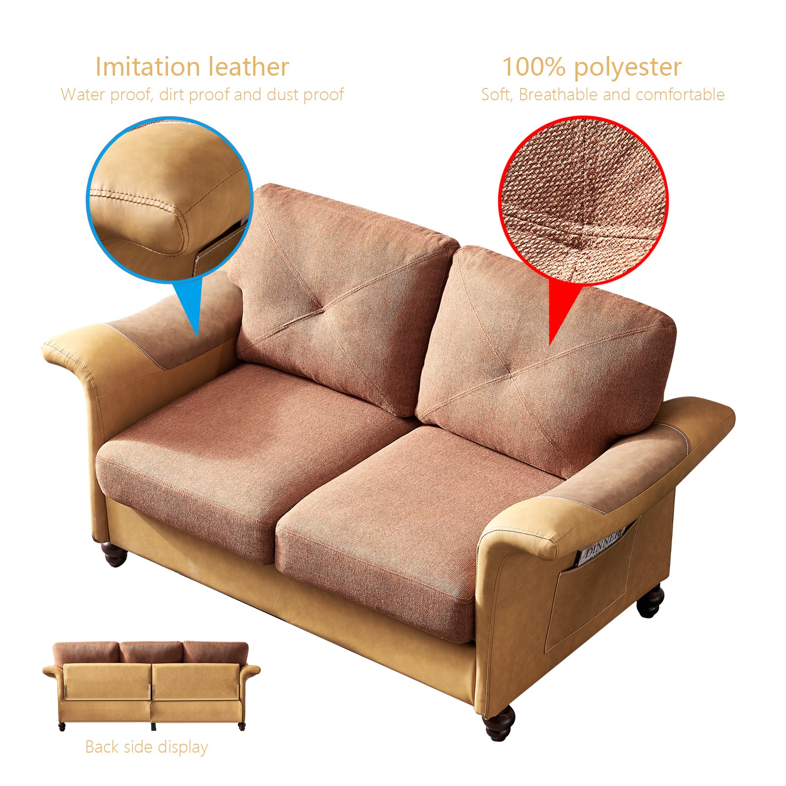 Living Room General Use Linen Fabric Faux Leather With Wood Leg Beautiful Seat Red Brown Brown Foam Fabric