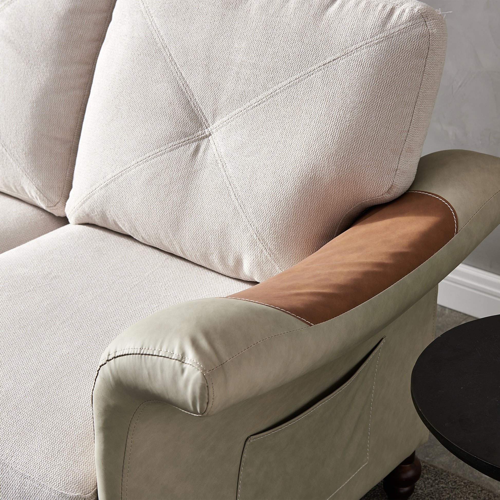 Living Room Furniture Linen Fabric Faux Leather With Wood Leg Sofa Beige Beige Foam Fabric