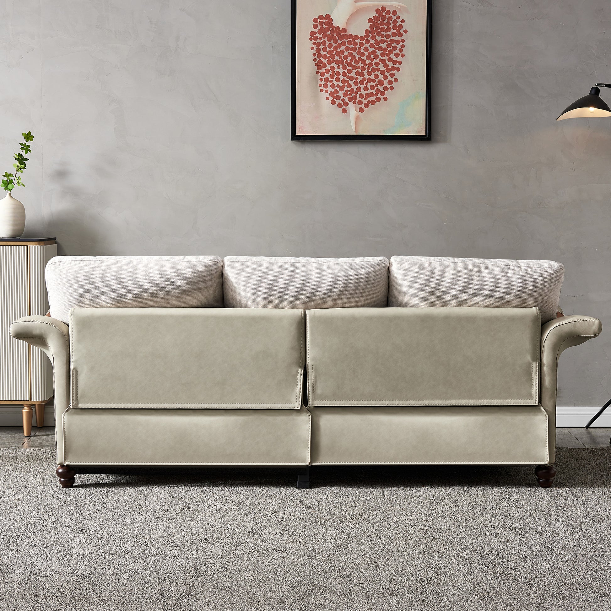 Living Room Furniture Linen Fabric Faux Leather With Wood Leg Sofa Beige Beige Foam Fabric