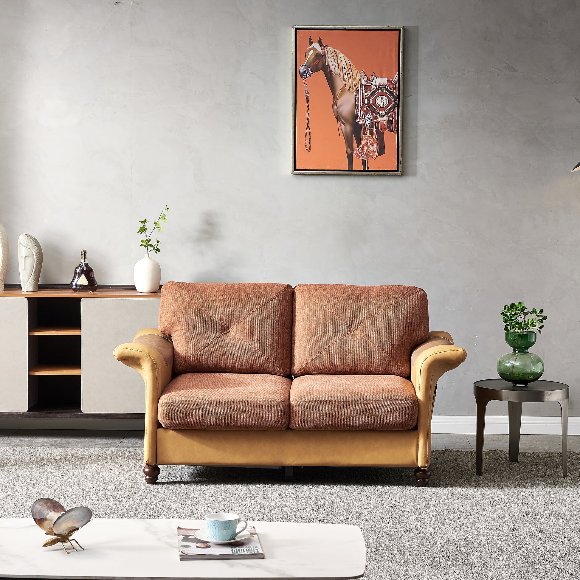 Living Room General Use Linen Fabric Faux Leather With Wood Leg Beautiful Seat Red Brown Brown Foam Fabric