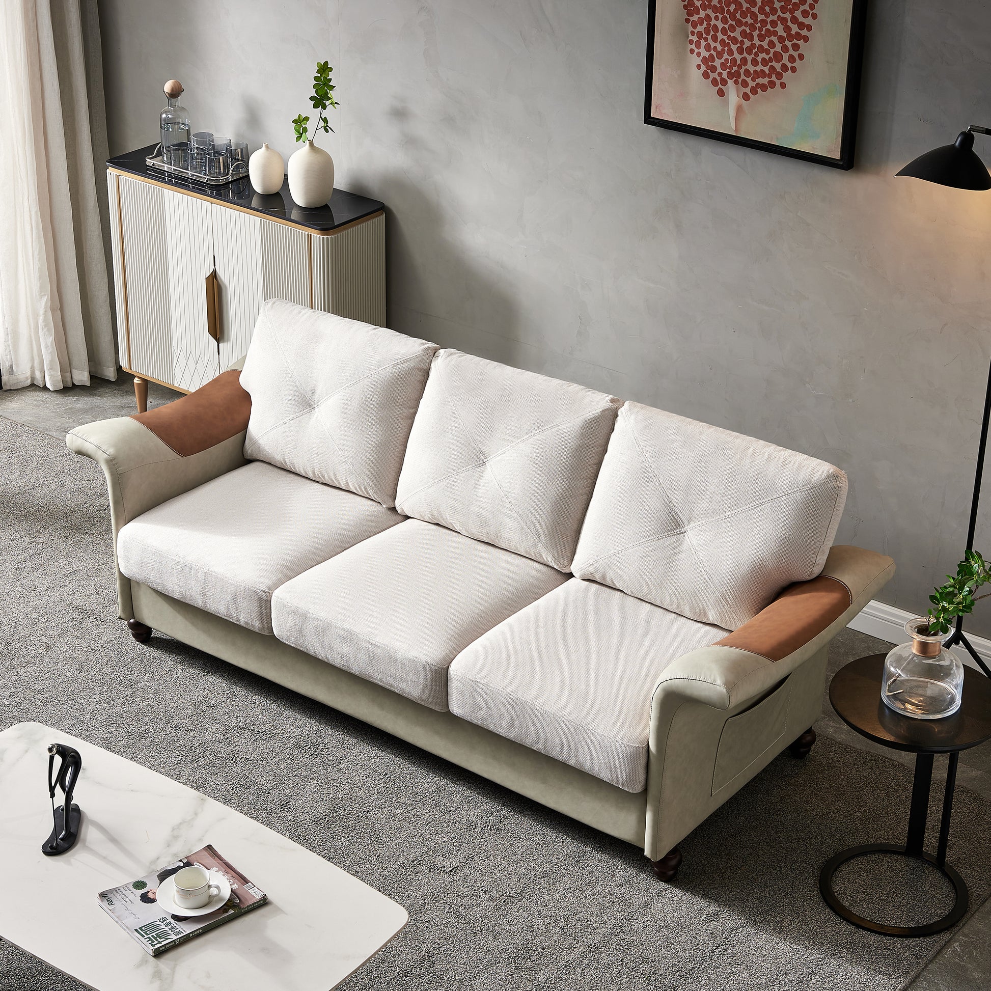 Living Room Furniture Linen Fabric Faux Leather With Wood Leg Sofa Beige Beige Foam Fabric