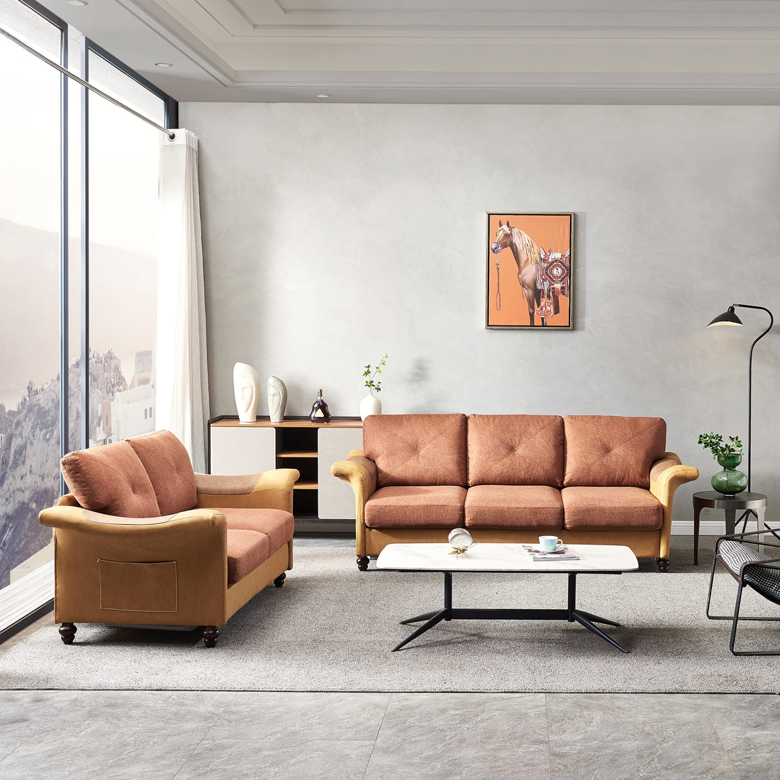 Living Room Furniture Linen Fabric Faux Leather With Wood Leg 2 3 Sectional Brown Brown Foam Fabric