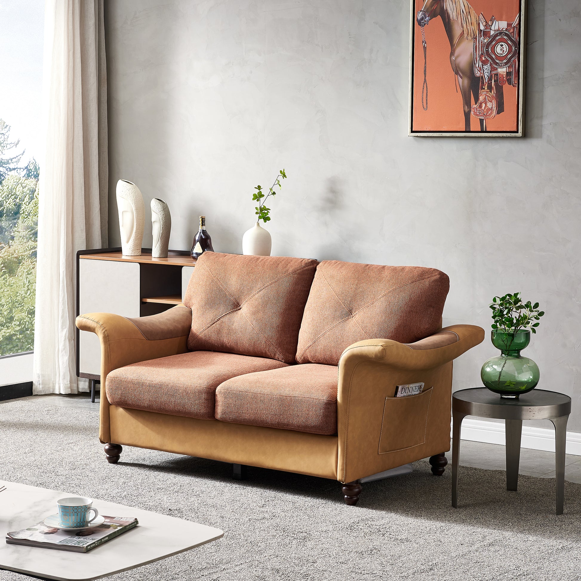 Living Room General Use Linen Fabric Faux Leather With Wood Leg Beautiful Seat Red Brown Brown Foam Fabric