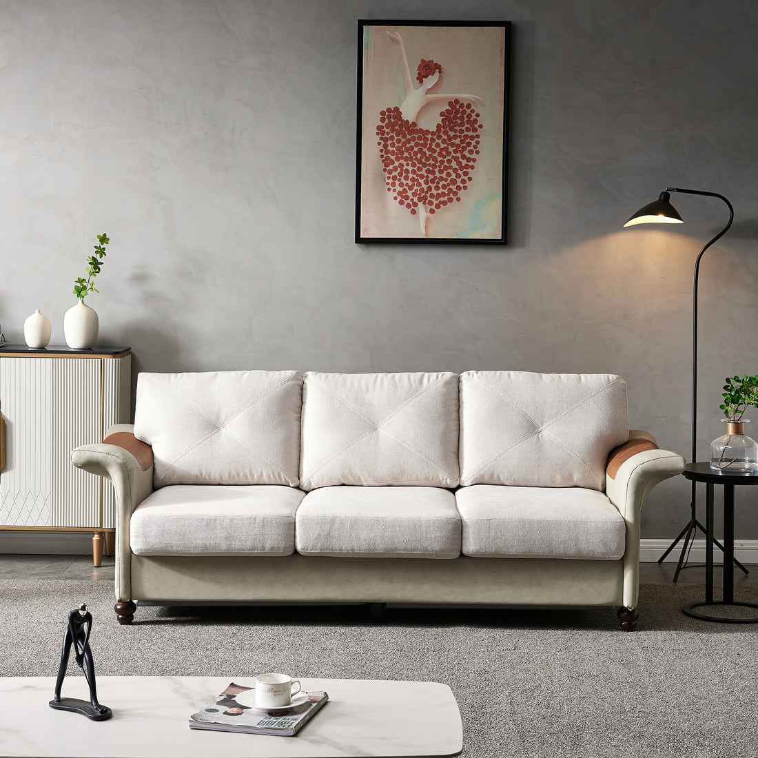 Living Room Furniture Linen Fabric Faux Leather With Wood Leg Sofa Beige Beige Foam Fabric