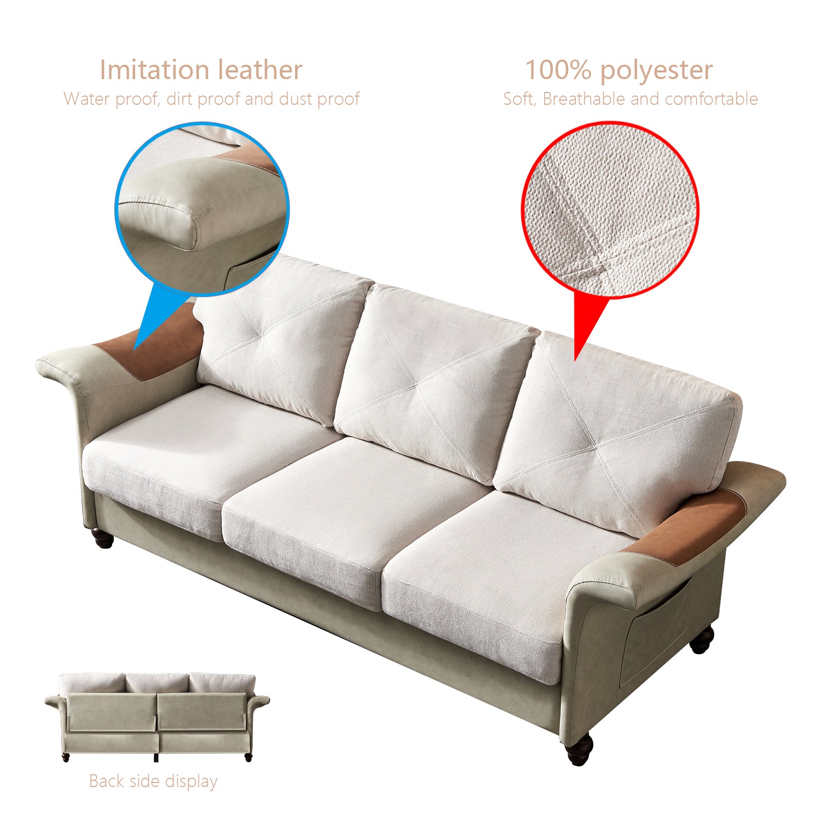 Living Room Furniture Linen Fabric Faux Leather With Wood Leg Sofa Beige Beige Foam Fabric
