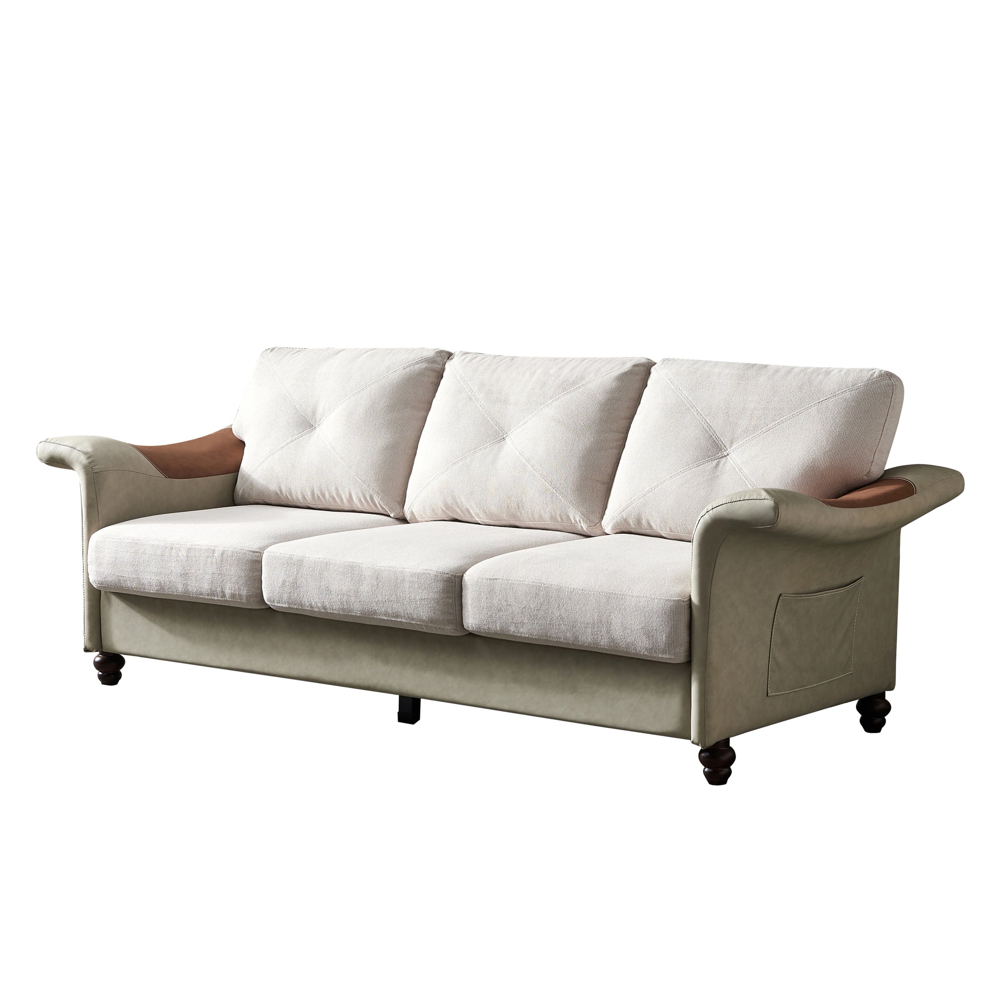 Living Room Furniture Linen Fabric Faux Leather With Wood Leg Sofa Beige Beige Foam Fabric