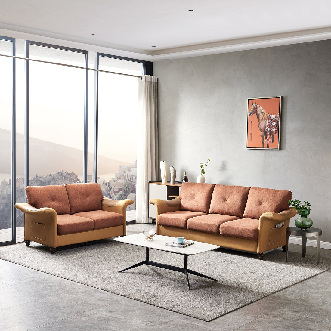 Living Room Furniture Linen Fabric Faux Leather With Wood Leg 2 3 Sectional Brown Brown Foam Fabric