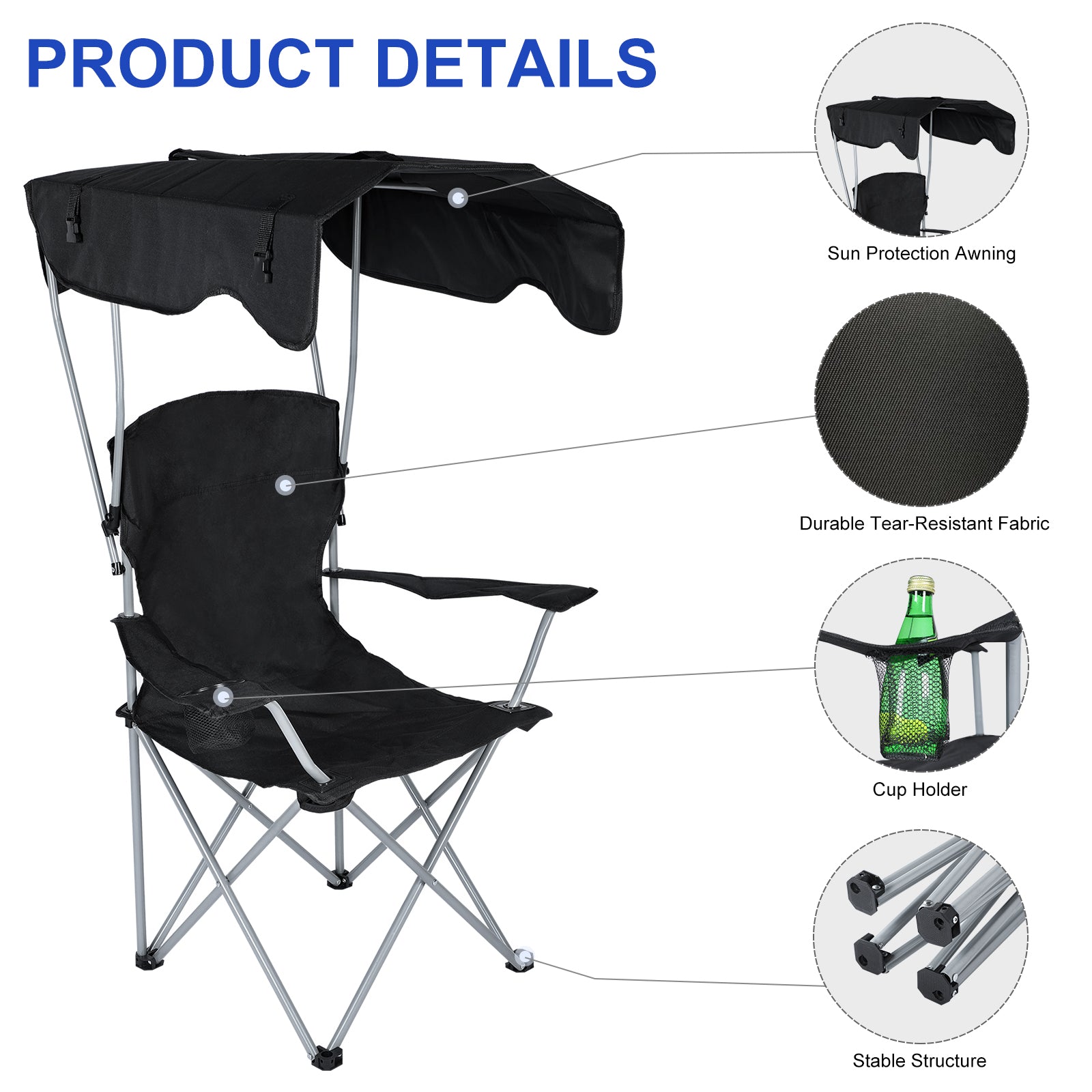 Yssoa Canopy Lounge Chair With Sunshade For Camping, Hiking, Travel, And Other Outdoor Events, With Cup Holder, 21.6" X 21.6" X 36", Black, 1 Pack Black Oxford Fabric