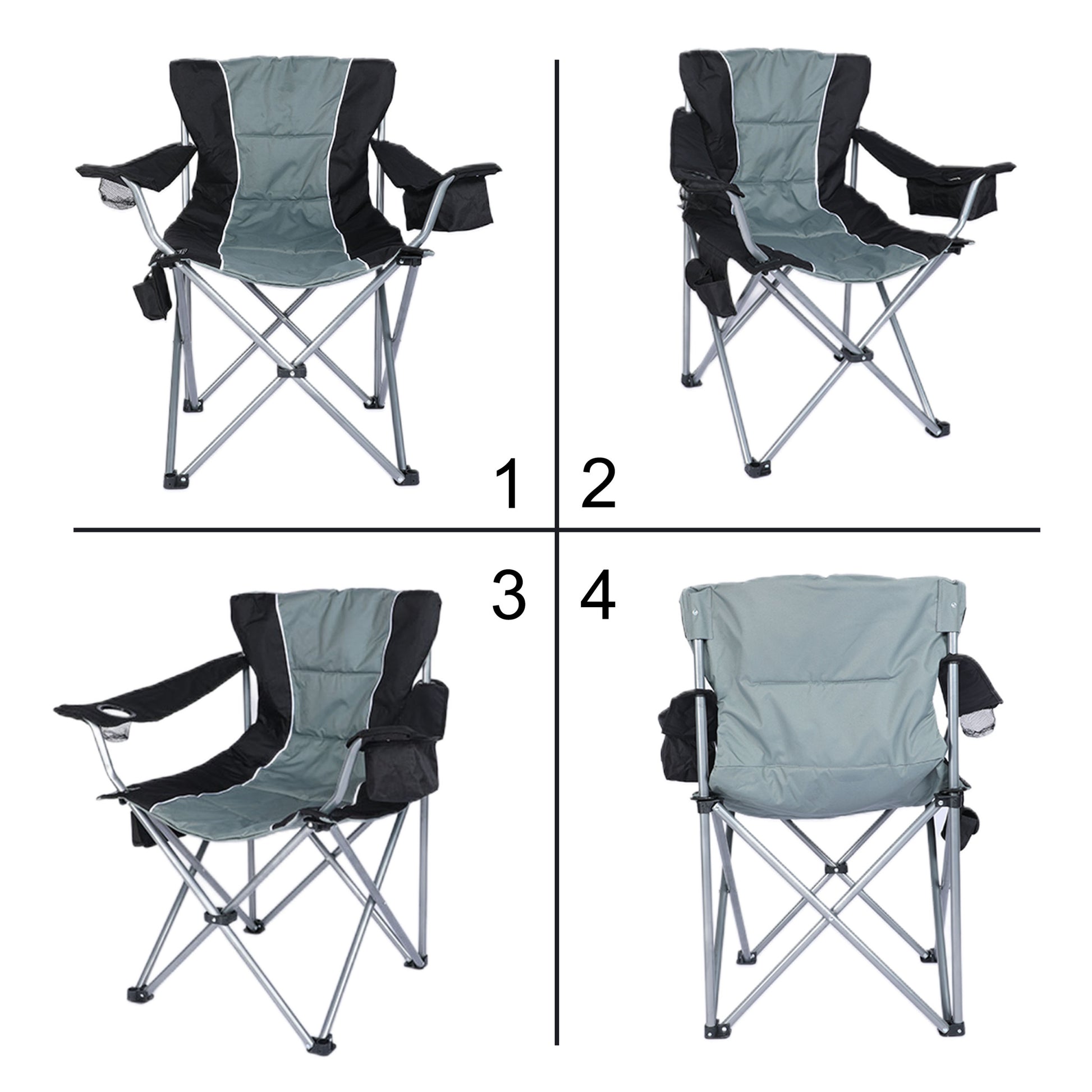Yssoa Oversized Camping Folding Chair With Cup Holder, Side Cooler Bag, Heavy Duty Steel Frame Fully P Added Quad Armchair For Outdoors, 1 Pack, Grey Grey Oxford Fabric