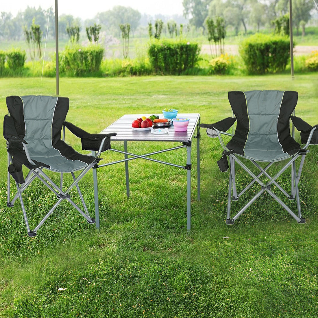 Yssoa Oversized Camping Folding Chair With Cup Holder, Side Cooler Bag, Heavy Duty Steel Frame Fully P Added Quad Armchair For Outdoors, 1 Pack, Grey Grey Oxford Fabric