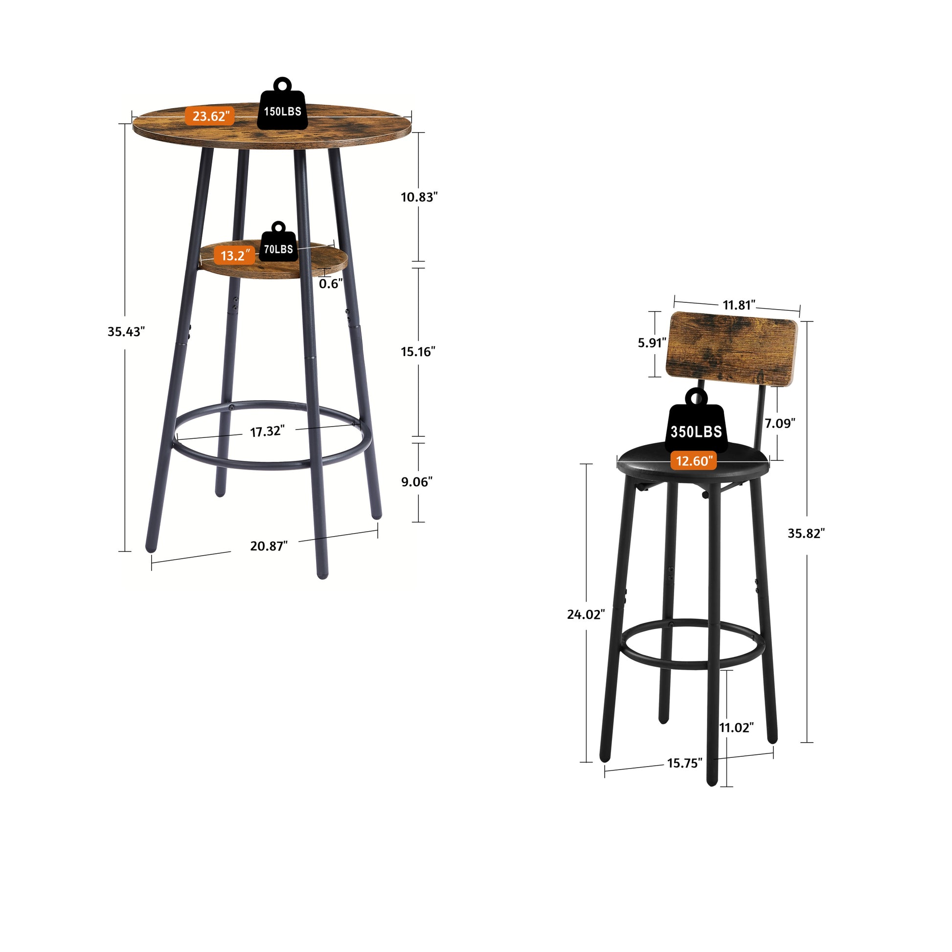 Round Bar Stool Set With Shelf, Upholstered Stool With Backrest, Rustic Brown, 23.62'' W X 23.62'' D X 35.43'' H Rustic Brown Particle Board