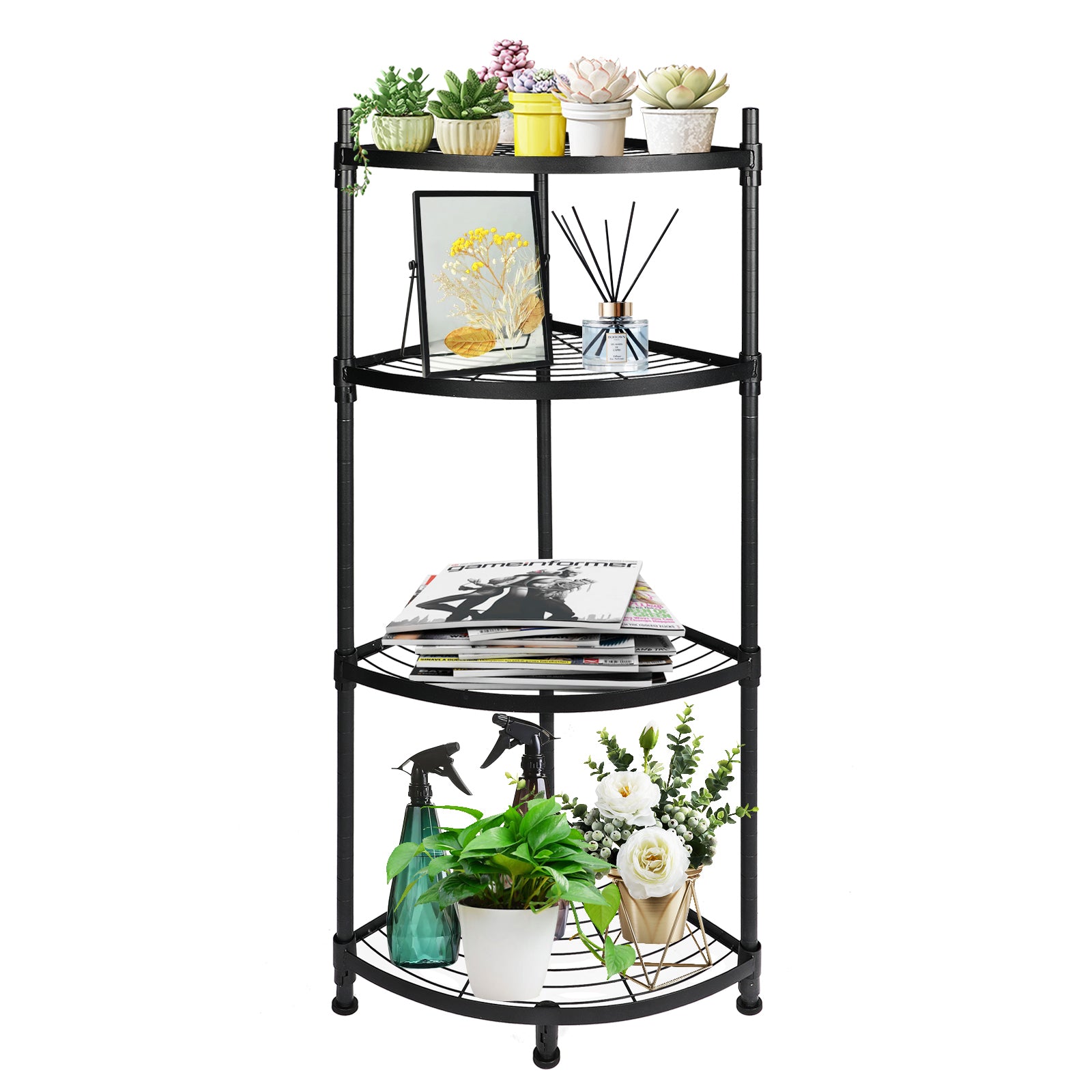 Yssoa 4 Tier Corner Display Rack Multipurpose Metal Shelving Unit, Bookcase Storage Rack Plant Stand For Living Room, Home Office, Kitchen, Small Space, 1 Pack, Black Black Metal