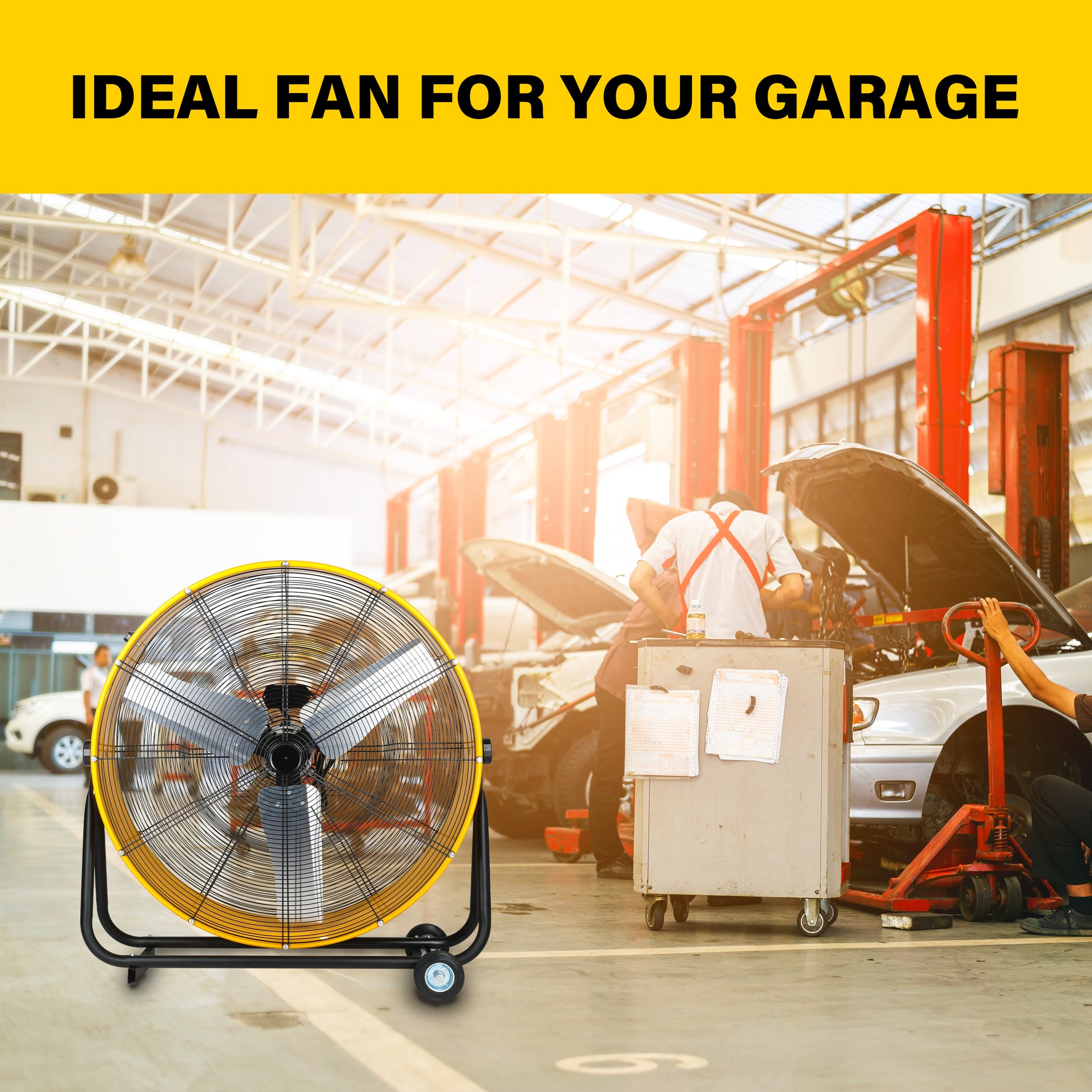 Simple Deluxe 36 Inch Heavy Duty Metal Industrial Drum Fan, 3 Speed Floor Fan For Warehouse, Workshop, Factory And Basement High Velocity, Yellow Yellow Metal