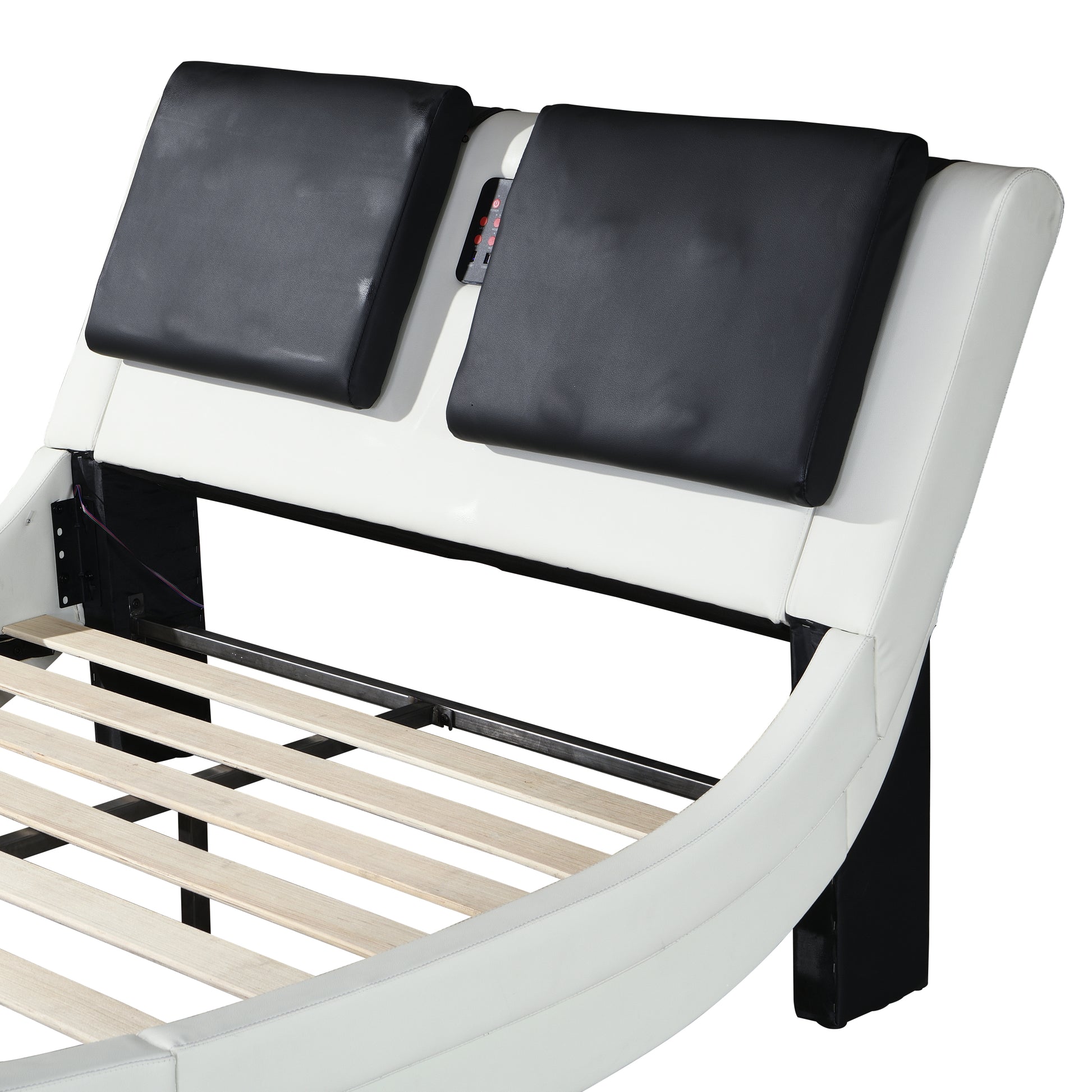 Faux Leather Upholstered Platform Bed Frame With Led Lighting ,Bluetooth Connection To Play Music Control,Backrest Vibration Massage,Curve Design, Wood Slat Support, No Box Spring Needed,Queen White Mdf