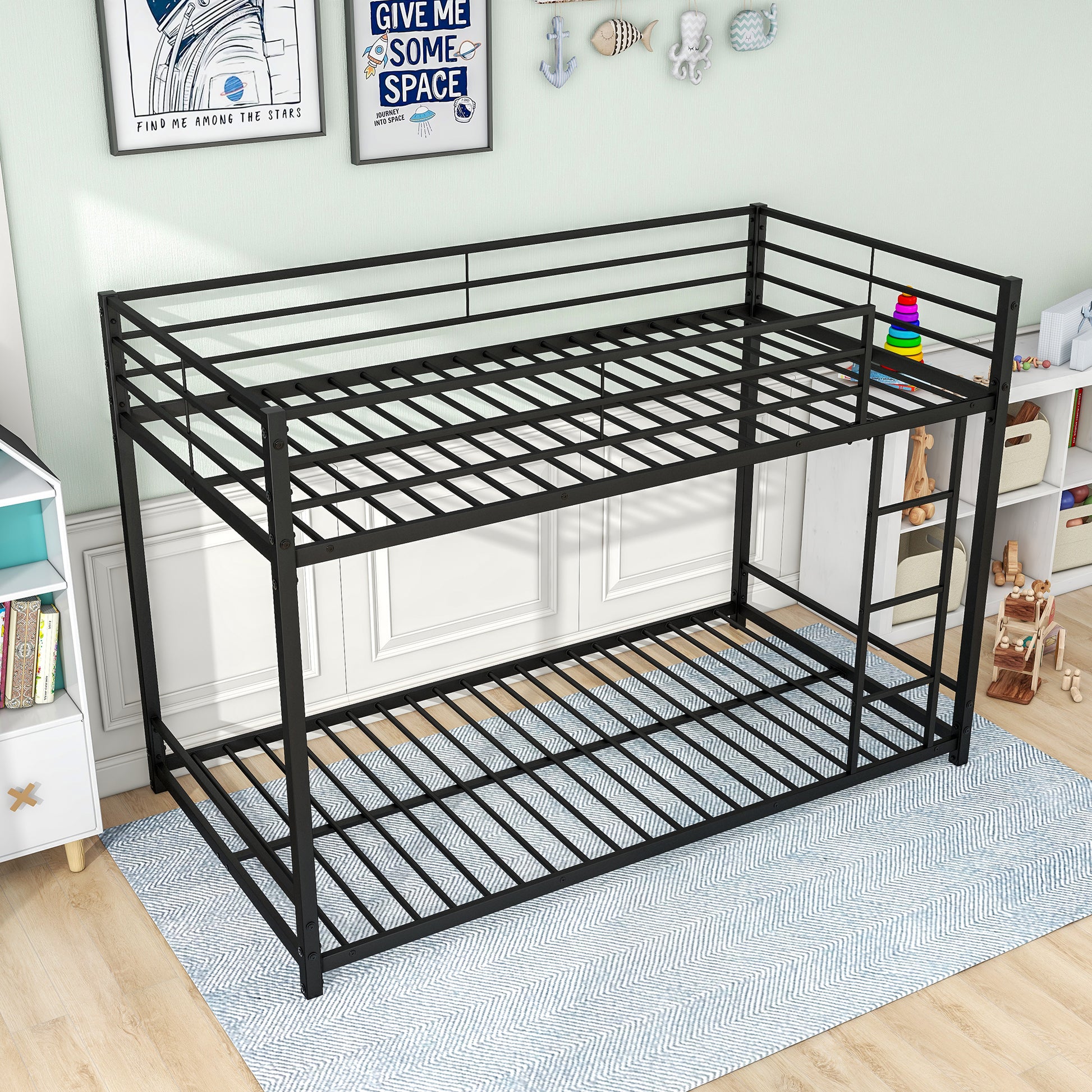 Metal Bunk Bed Twin Over Twin, Bunk Bed Frame With Safety Guard Rails, Heavy Duty Space Saving Design, Easy Assembly Black Black Metal