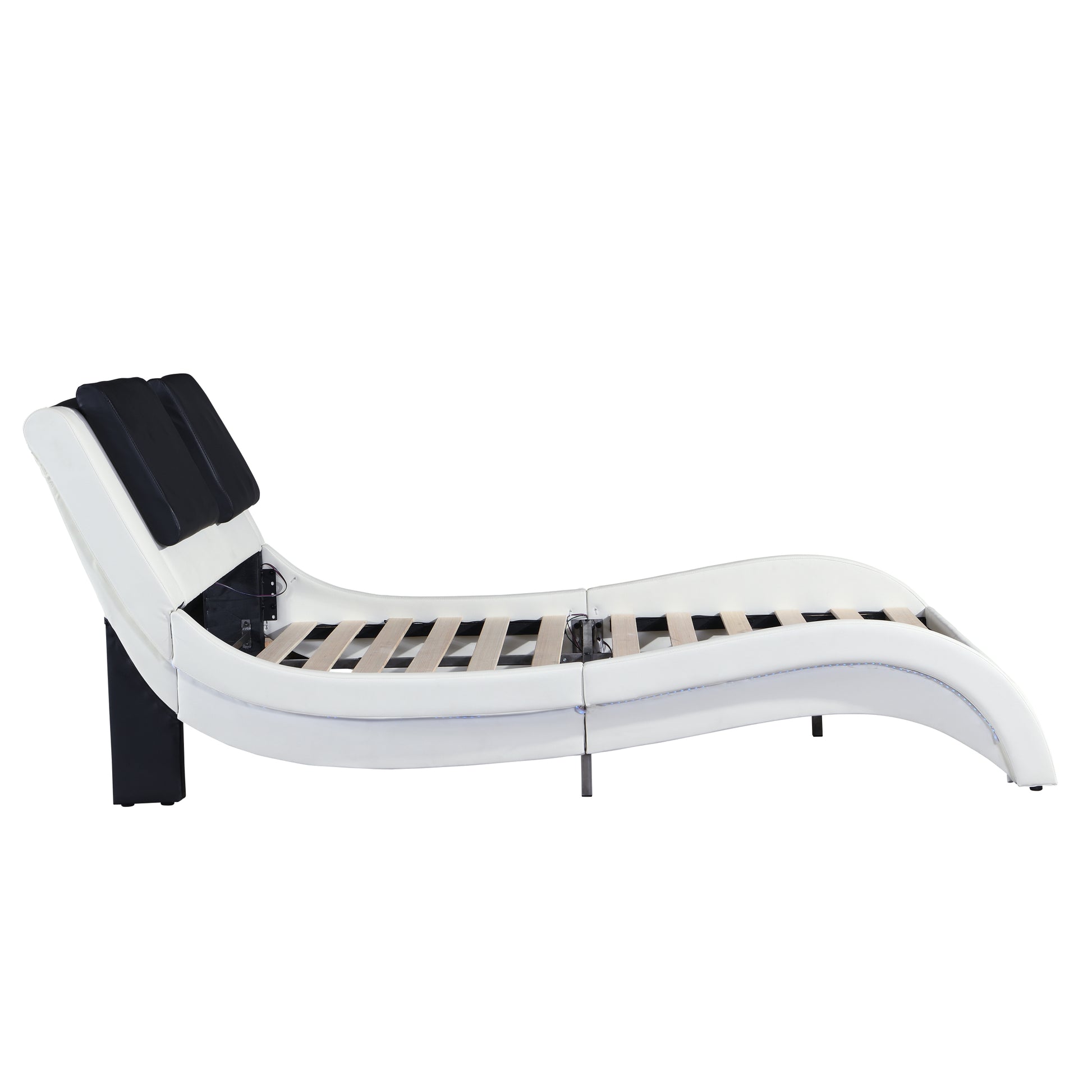 Faux Leather Upholstered Platform Bed Frame With Led Lighting ,Bluetooth Connection To Play Music Control,Backrest Vibration Massage,Curve Design, Wood Slat Support, No Box Spring Needed,Queen White Mdf