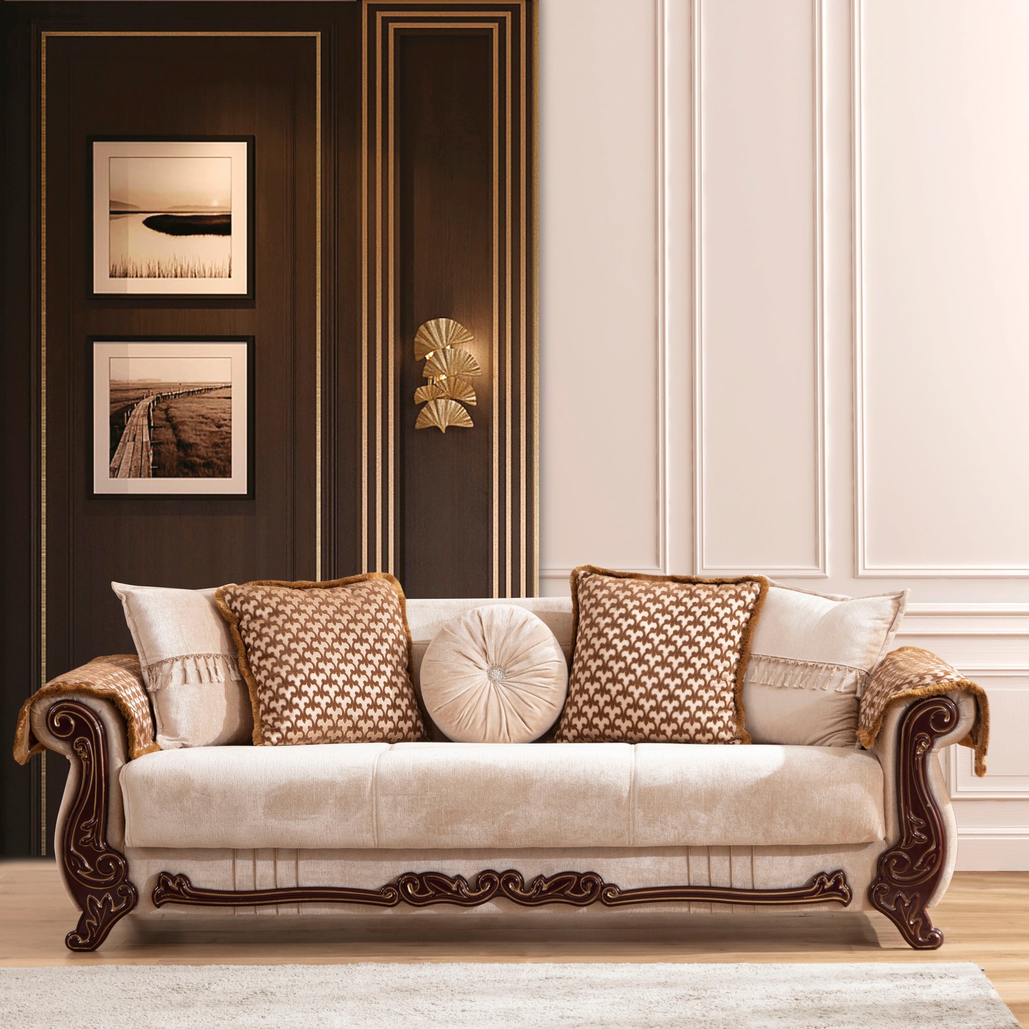 Carmen Traditional Style Sofa Finished With Chenille Upholstery Made With Wood In Beige Color Beige Chenille Wood Primary Living Space Firm Cushion Back Contemporary,Modern Rolled Arms Solid Wood Mdf Wood 3 Seat