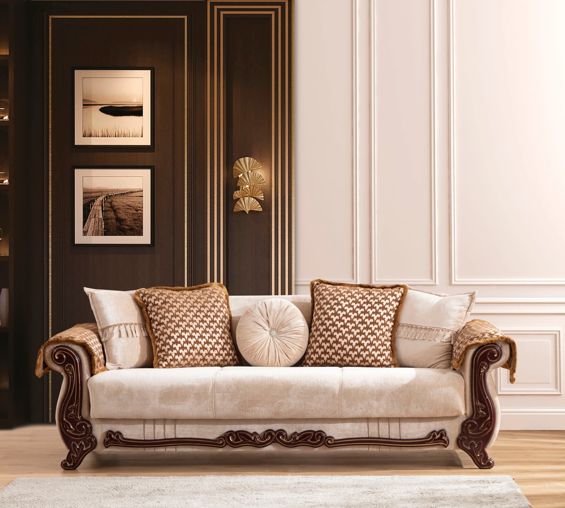 Carmen Traditional Style Sofa Finished With Chenille Upholstery Made With Wood In Beige Color Beige Chenille Wood Primary Living Space Firm Cushion Back Contemporary,Modern Rolled Arms Solid Wood Mdf Wood 3 Seat