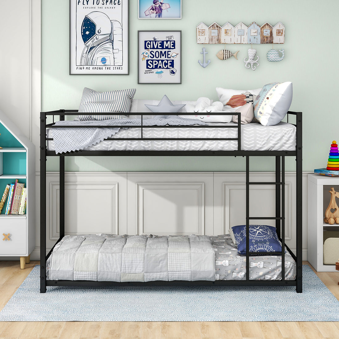 Metal Bunk Bed Twin Over Twin, Bunk Bed Frame With Safety Guard Rails, Heavy Duty Space Saving Design, Easy Assembly Black Black Metal