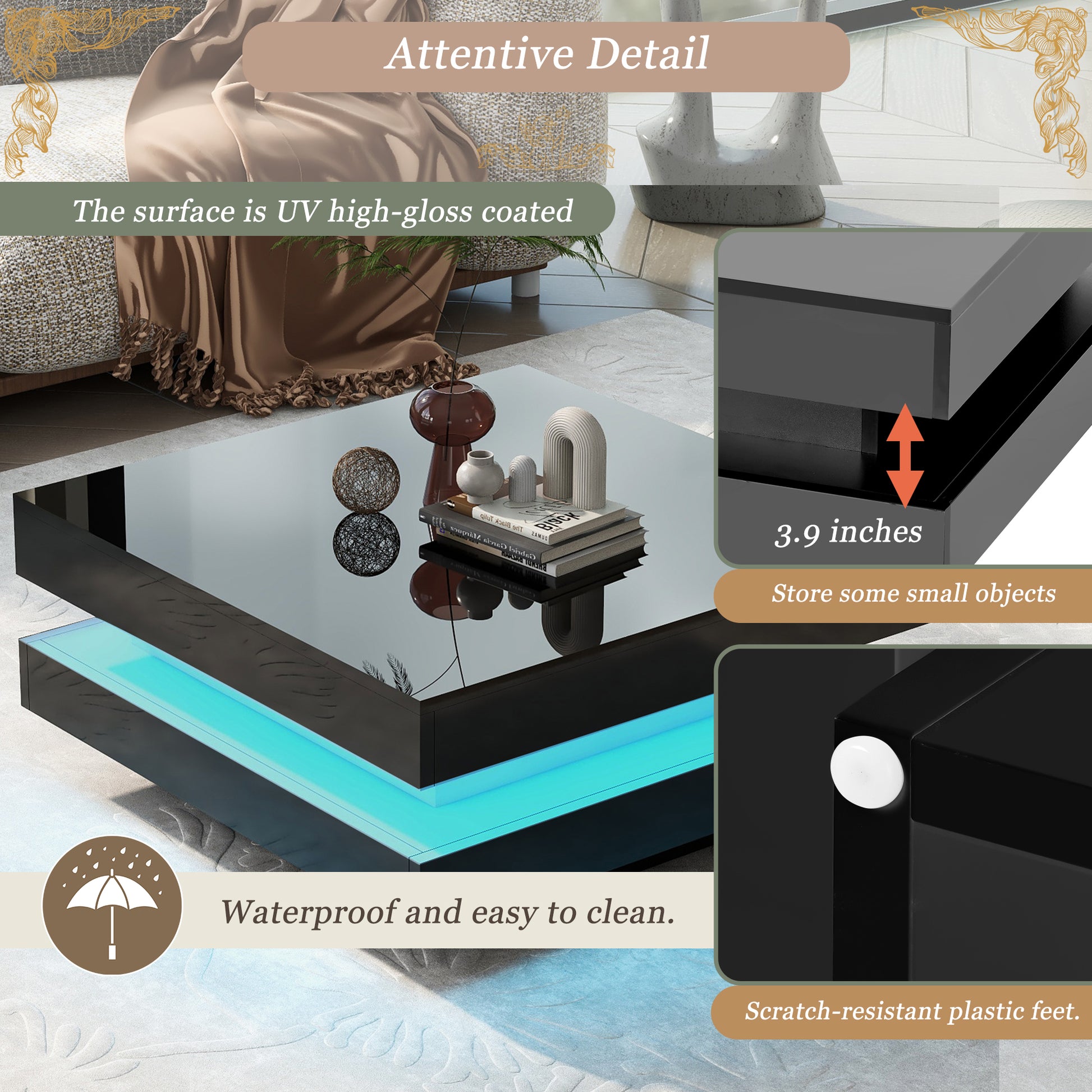 High Gloss Minimalist Design With Led Lights, 2 Tier Square Coffee Table, Center Table For Living Room, 31.5''X31.5''X14.2'',Black Black Particle Board