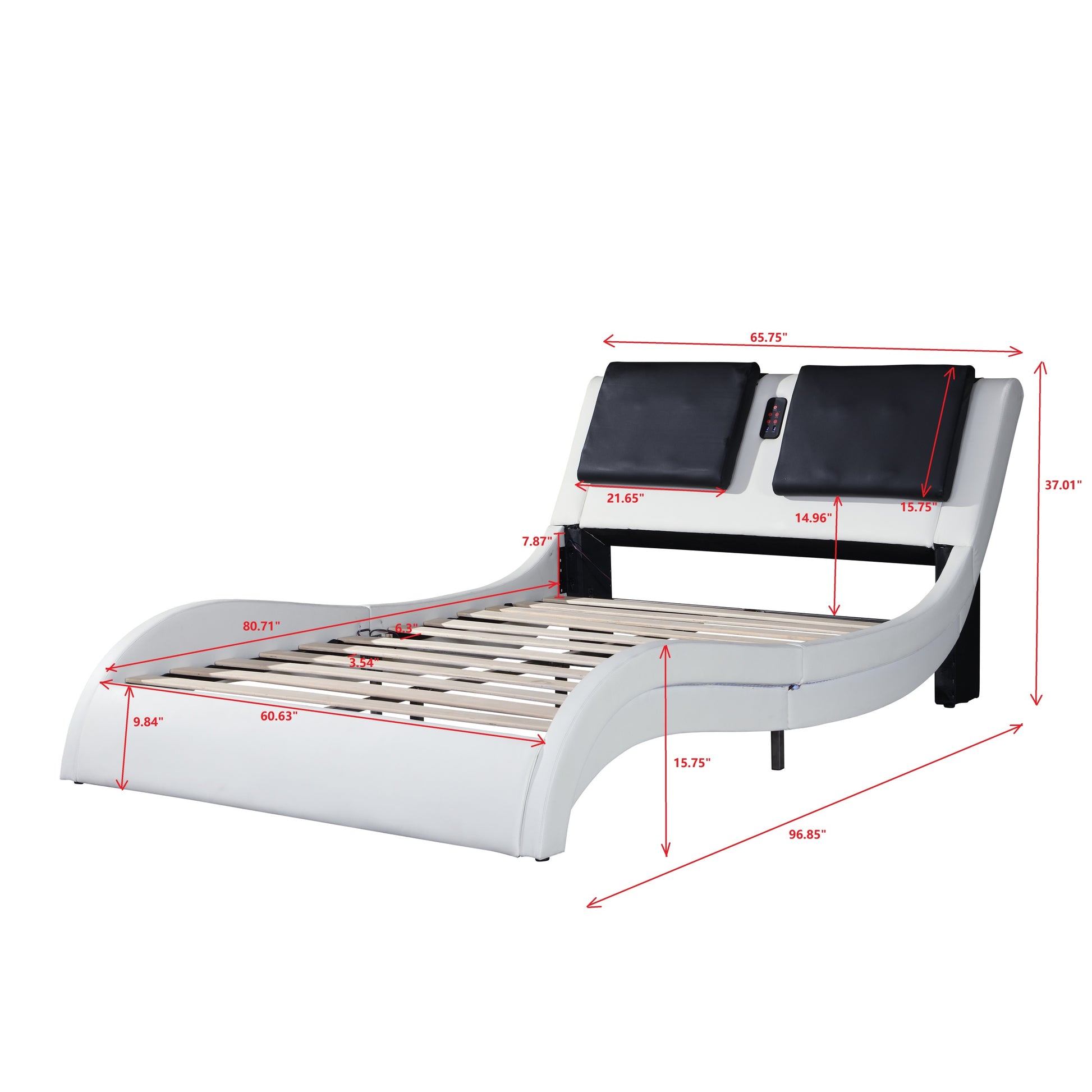 Faux Leather Upholstered Platform Bed Frame With Led Lighting ,Bluetooth Connection To Play Music Control,Backrest Vibration Massage,Curve Design, Wood Slat Support, No Box Spring Needed,Queen White Mdf