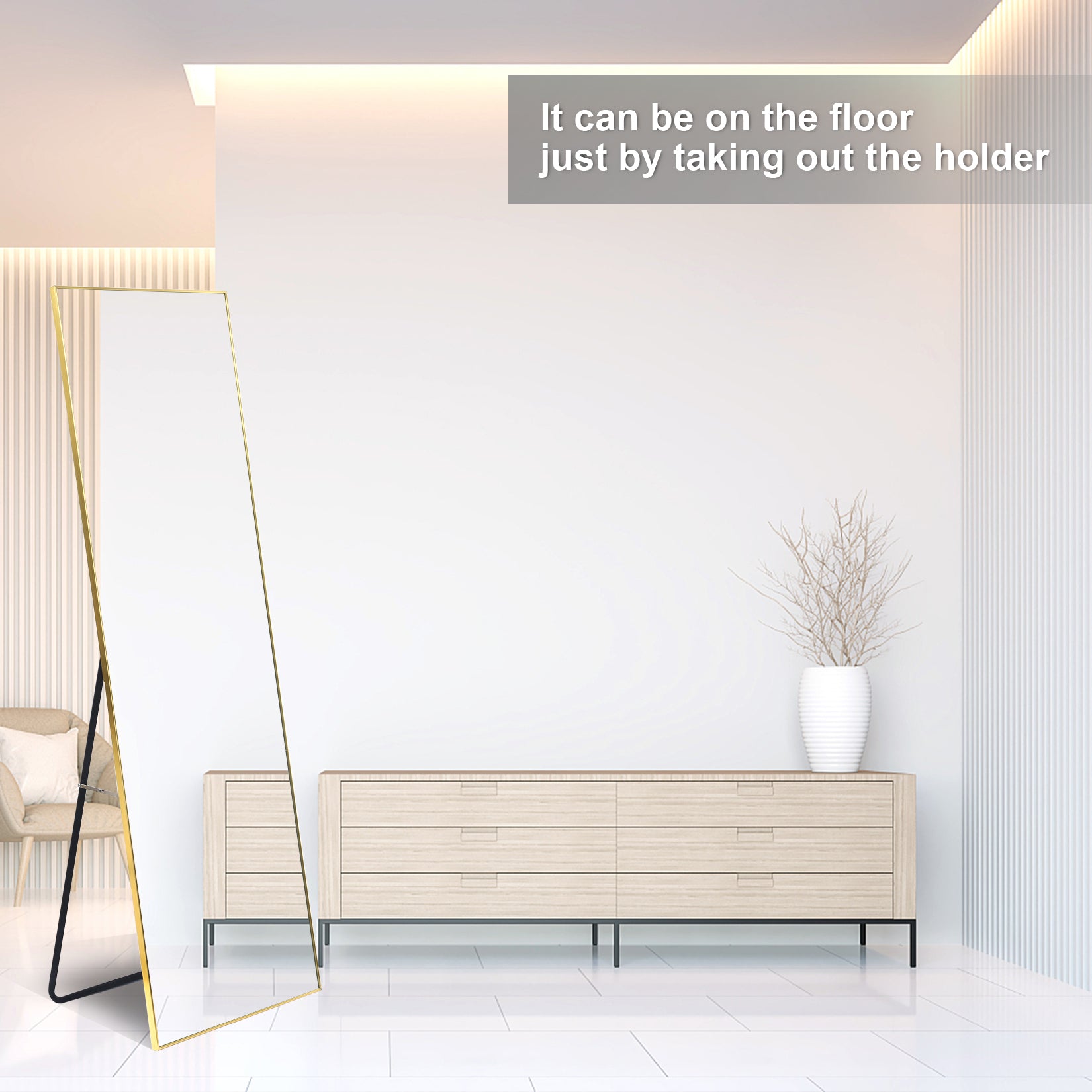 Full Length Mirror, Floor Mirror With Stand,Wall Mounted Dressing Mirrorbedroom Mirror With Aluminium Frame 65"X22", Gold Gold Glass