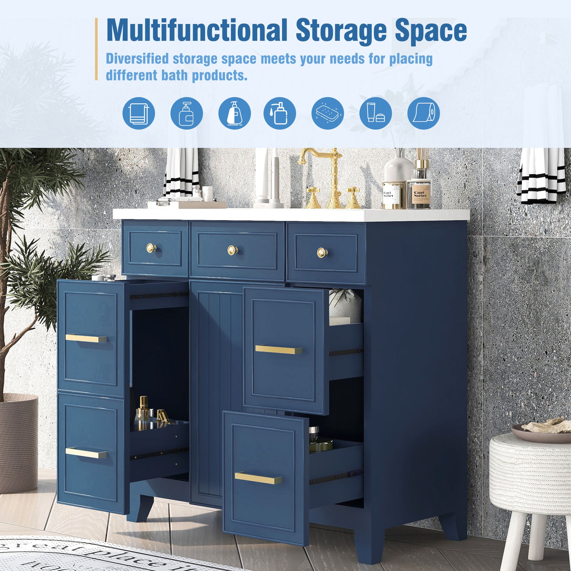 36" Bathroom Vanity Cabinet With Sink Top Combo Set, Navy Blue, Single Sink, Shaker Cabinet With Soft Closing Door And Drawer Navy Blue Solid Wood Mdf Resin