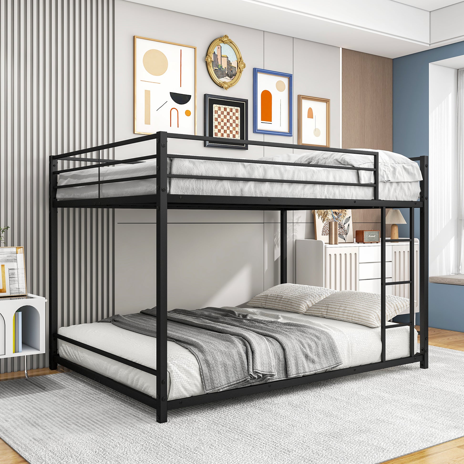 Metal Bunk Bed Full Over Full, Bunk Bed Frame With Safety Guard Rails, Heavy Duty Space Saving Design, Easy Assembly Black Black Metal