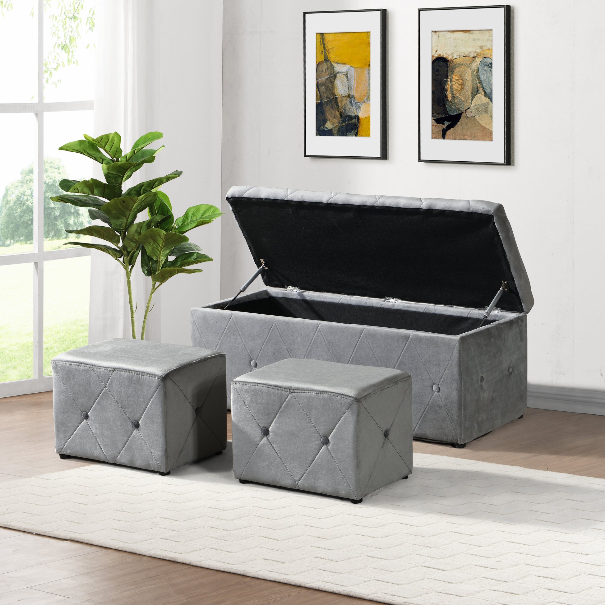 1 Piece Rectangular Storage Ottoman Short Velvet With 2 Set Ottomans Light Gray Light Gray Velvet