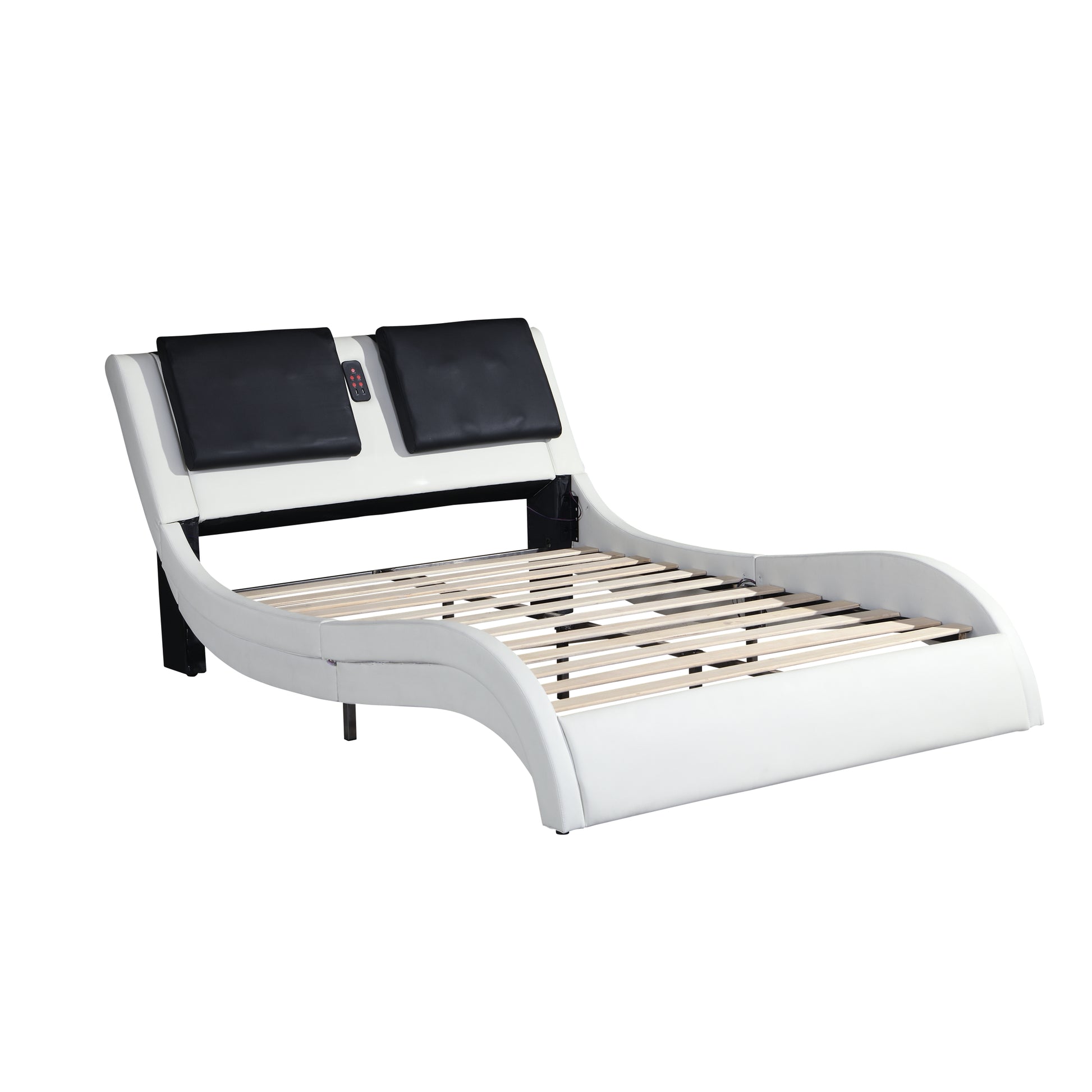 Faux Leather Upholstered Platform Bed Frame With Led Lighting ,Bluetooth Connection To Play Music Control,Backrest Vibration Massage,Curve Design, Wood Slat Support, No Box Spring Needed,Queen White Mdf