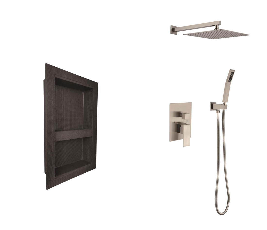 Shower System With Shower Head, Hand Shower, Hose, Valve Trim,Lever Handles And Niche Brushed Nickel Brass
