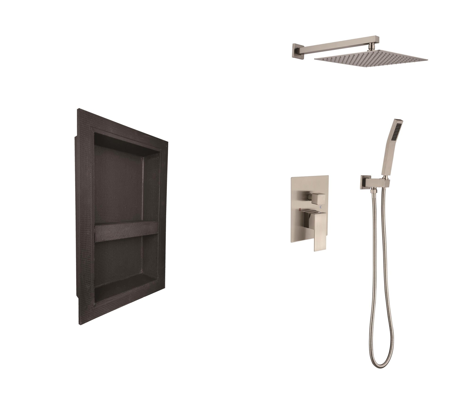 Shower System With Shower Head, Hand Shower, Hose, Valve Trim,Lever Handles And Niche Brushed Nickel Brass