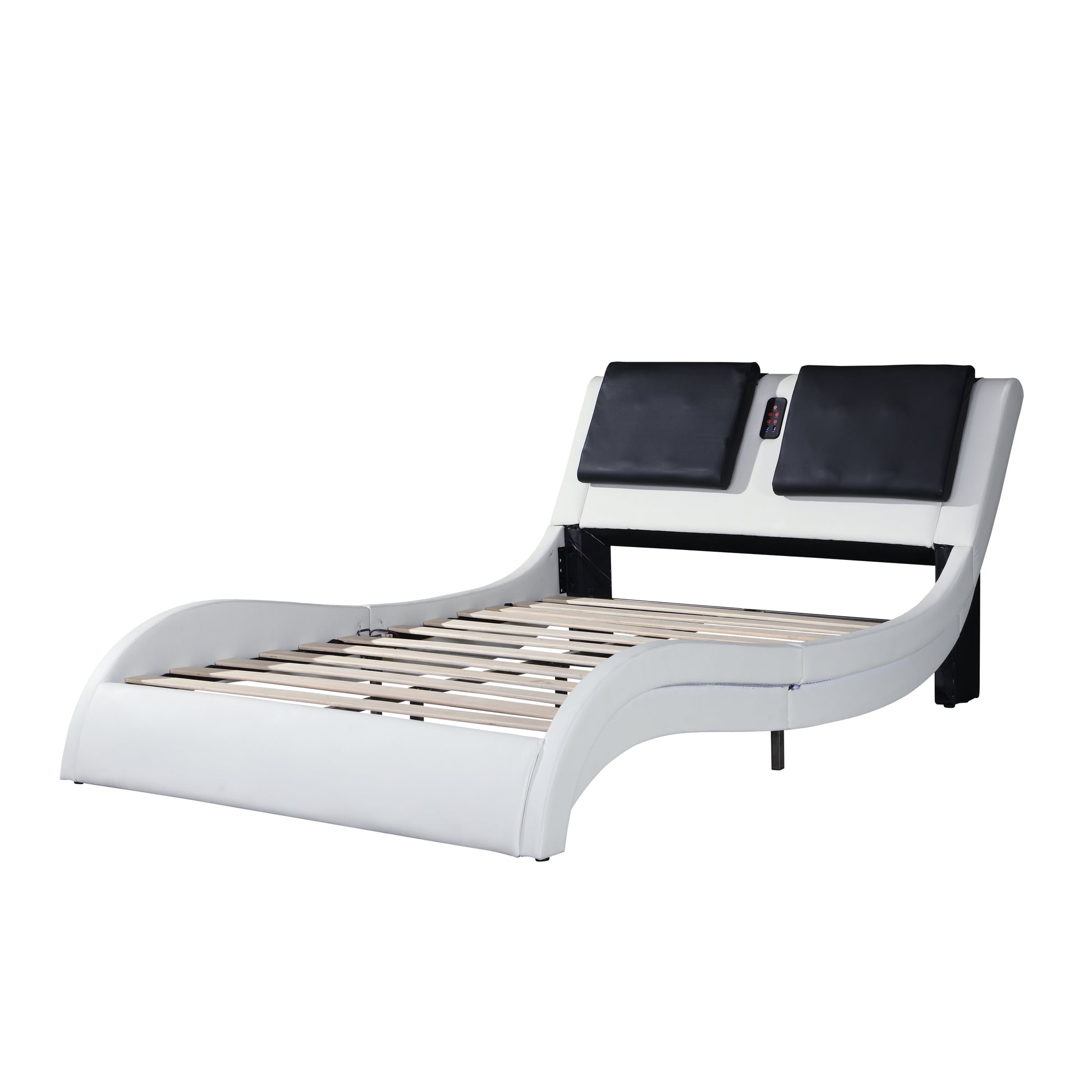 Faux Leather Upholstered Platform Bed Frame With Led Lighting ,Bluetooth Connection To Play Music Control,Backrest Vibration Massage,Curve Design, Wood Slat Support, No Box Spring Needed,Queen White Mdf