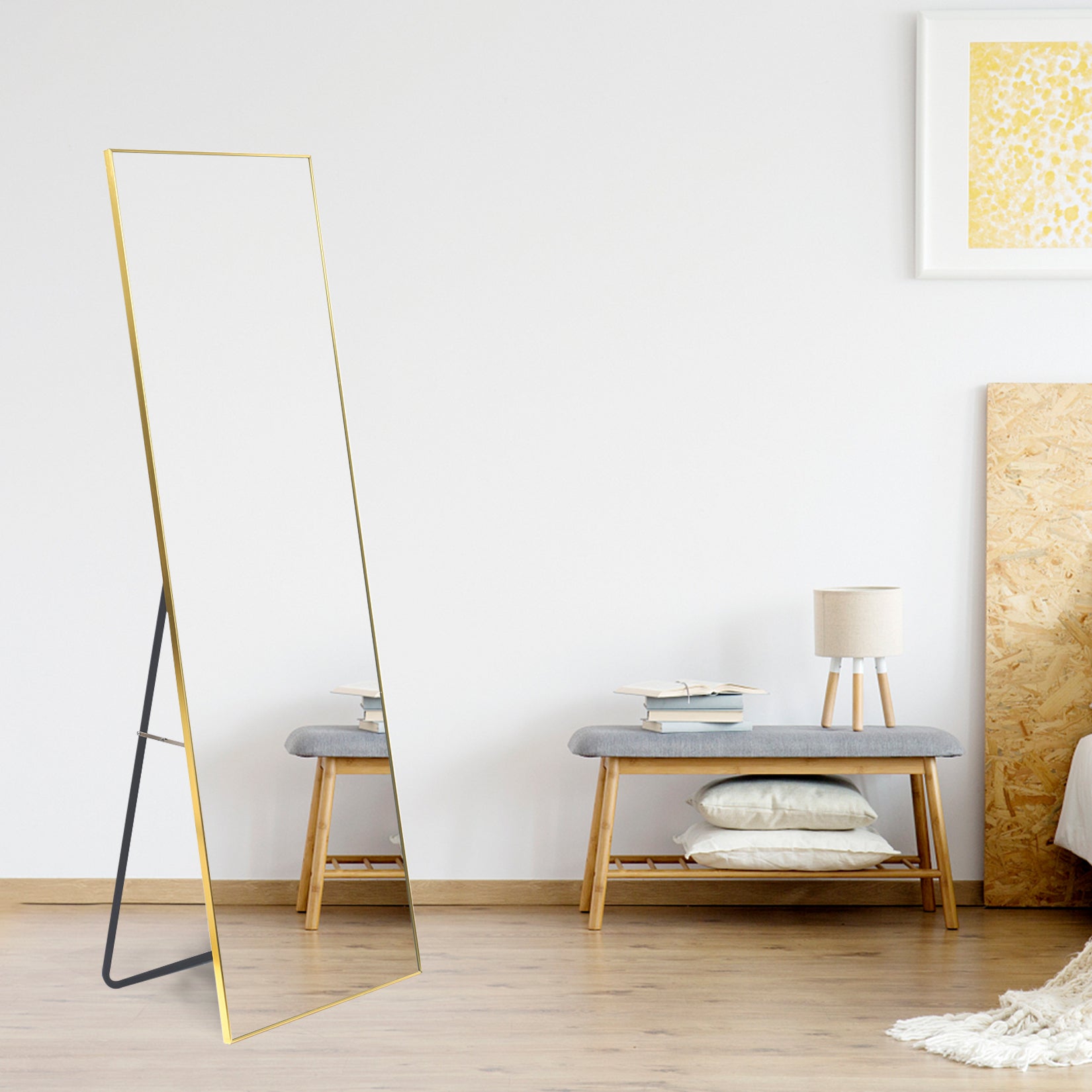 Full Length Mirror, Floor Mirror With Stand,Wall Mounted Dressing Mirrorbedroom Mirror With Aluminium Frame 65"X22", Gold Gold Glass