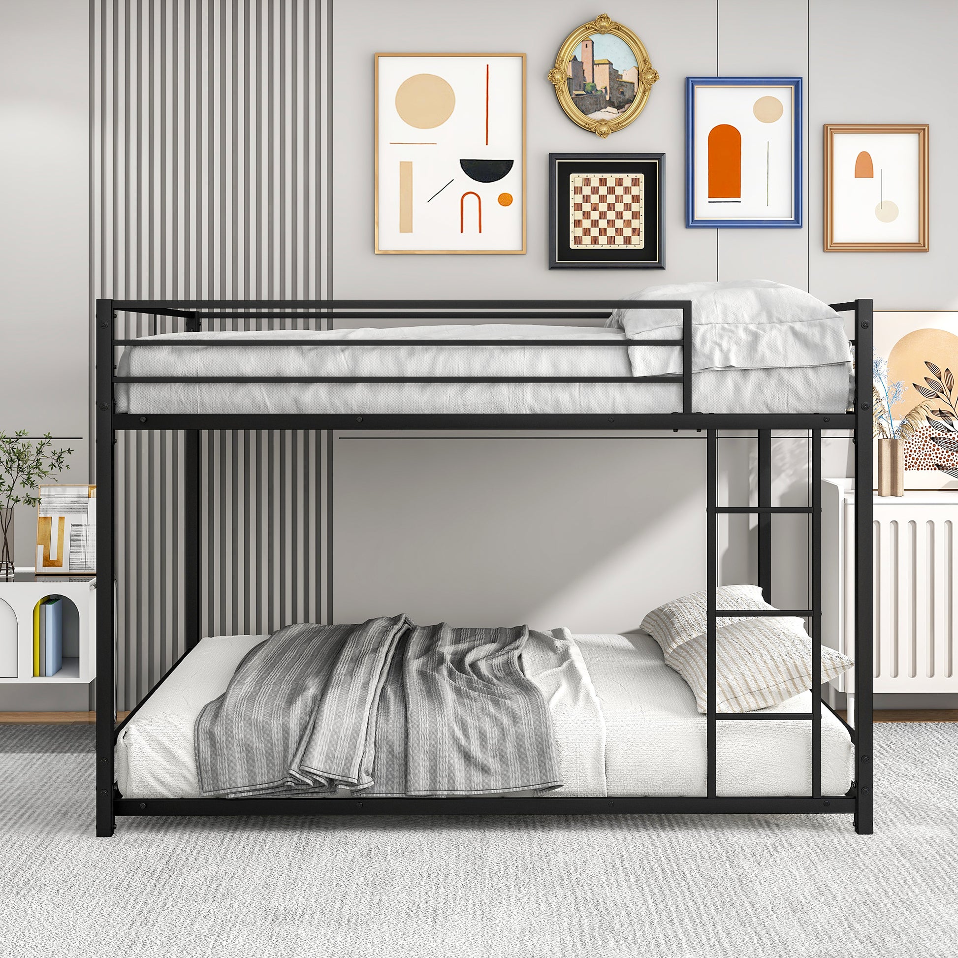Metal Bunk Bed Full Over Full, Bunk Bed Frame With Safety Guard Rails, Heavy Duty Space Saving Design, Easy Assembly Black Black Metal