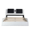 Faux Leather Upholstered Platform Bed Frame With Led Lighting ,Bluetooth Connection To Play Music Control,Backrest Vibration Massage,Curve Design, Wood Slat Support, No Box Spring Needed,Queen White Mdf