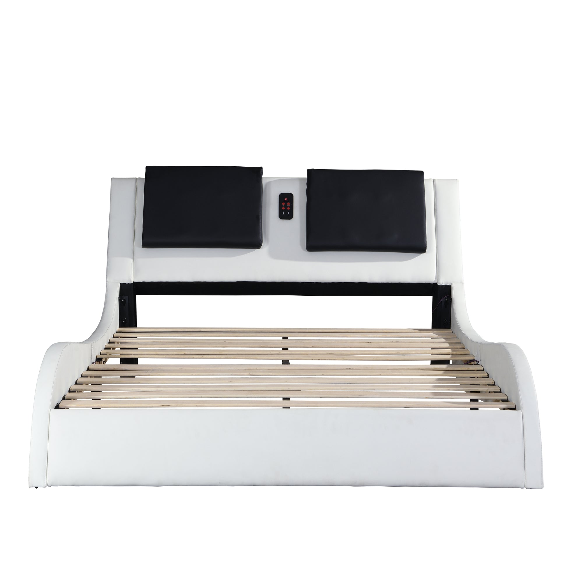 Faux Leather Upholstered Platform Bed Frame With Led Lighting ,Bluetooth Connection To Play Music Control,Backrest Vibration Massage,Curve Design, Wood Slat Support, No Box Spring Needed,Queen White Mdf