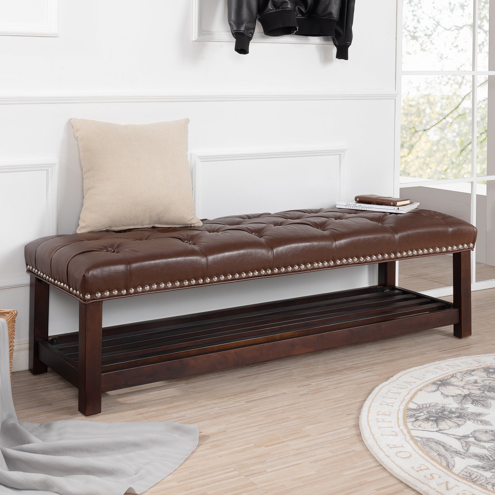 Bedroom End Of Bed Bench Tufted Upholstered End Of Bed Bench End Of Bed Entrance Shoe Bench, 60" With Trim And Shelf Bedroom Upholstered Leather Bench Living Room Shoe Rack Footstool Brown Dark Brown Pu