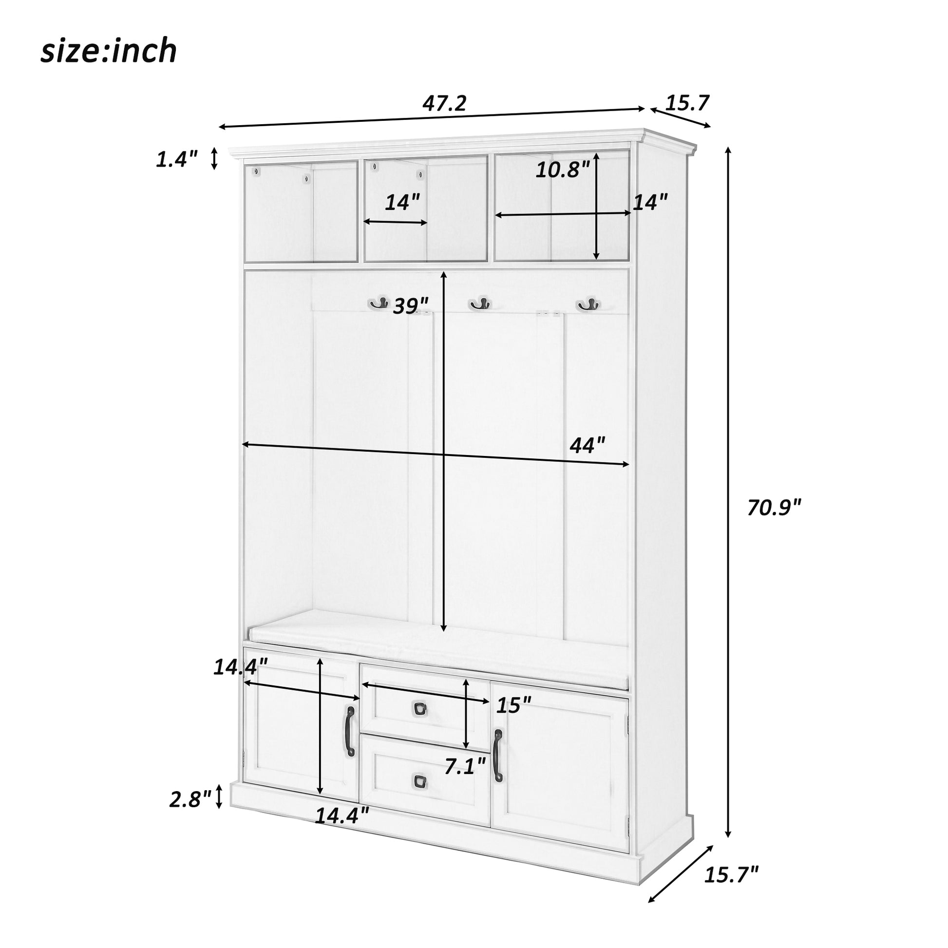 Hall Tree With 3 Hookscoat Hanger, Entryway Bench, Storage Bench, 3 In 1 Design, 47.2Inch, For Entrance, Hallway White White Mdf