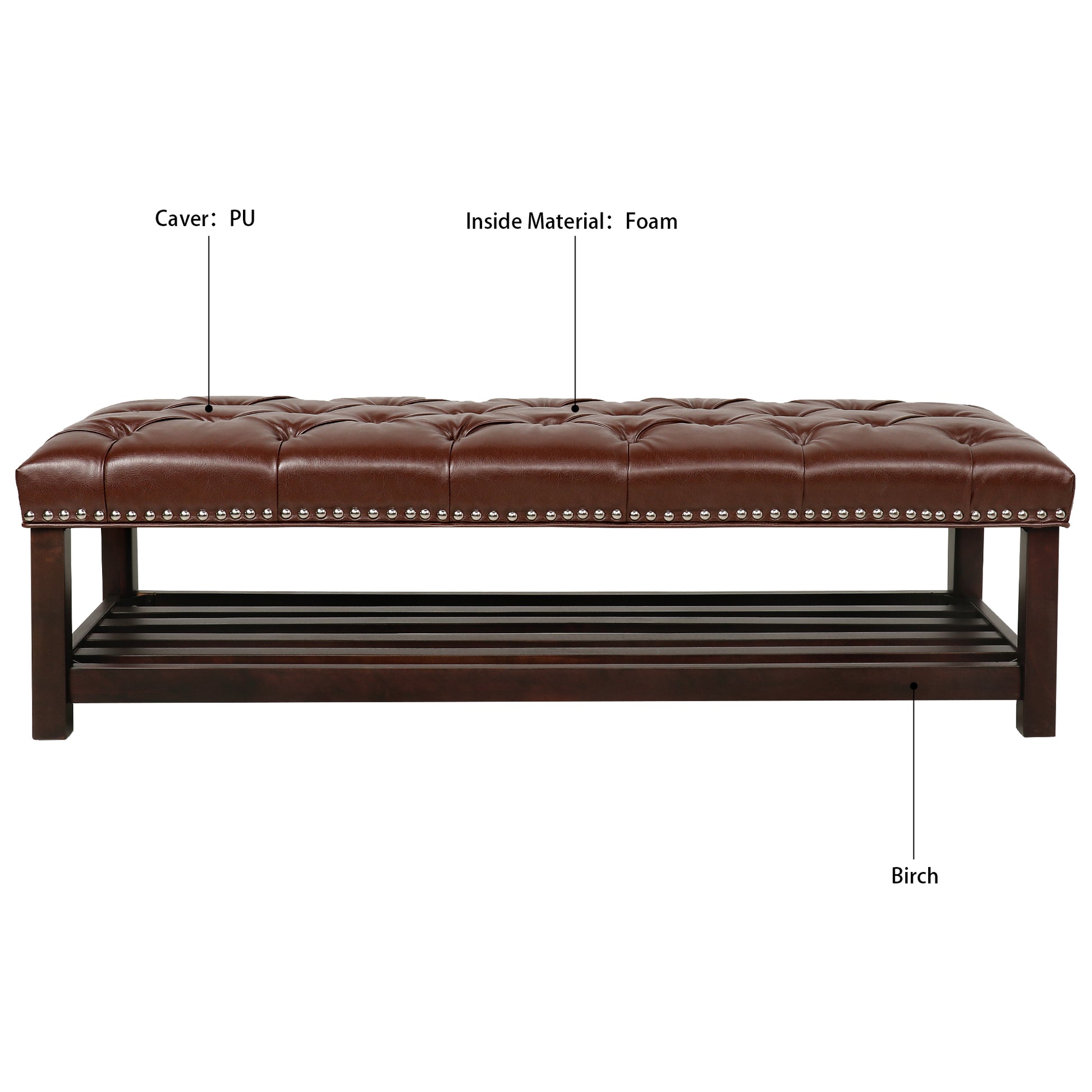 Bedroom End Of Bed Bench Tufted Upholstered End Of Bed Bench End Of Bed Entrance Shoe Bench, 60" With Trim And Shelf Bedroom Upholstered Leather Bench Living Room Shoe Rack Footstool Brown Dark Brown Pu
