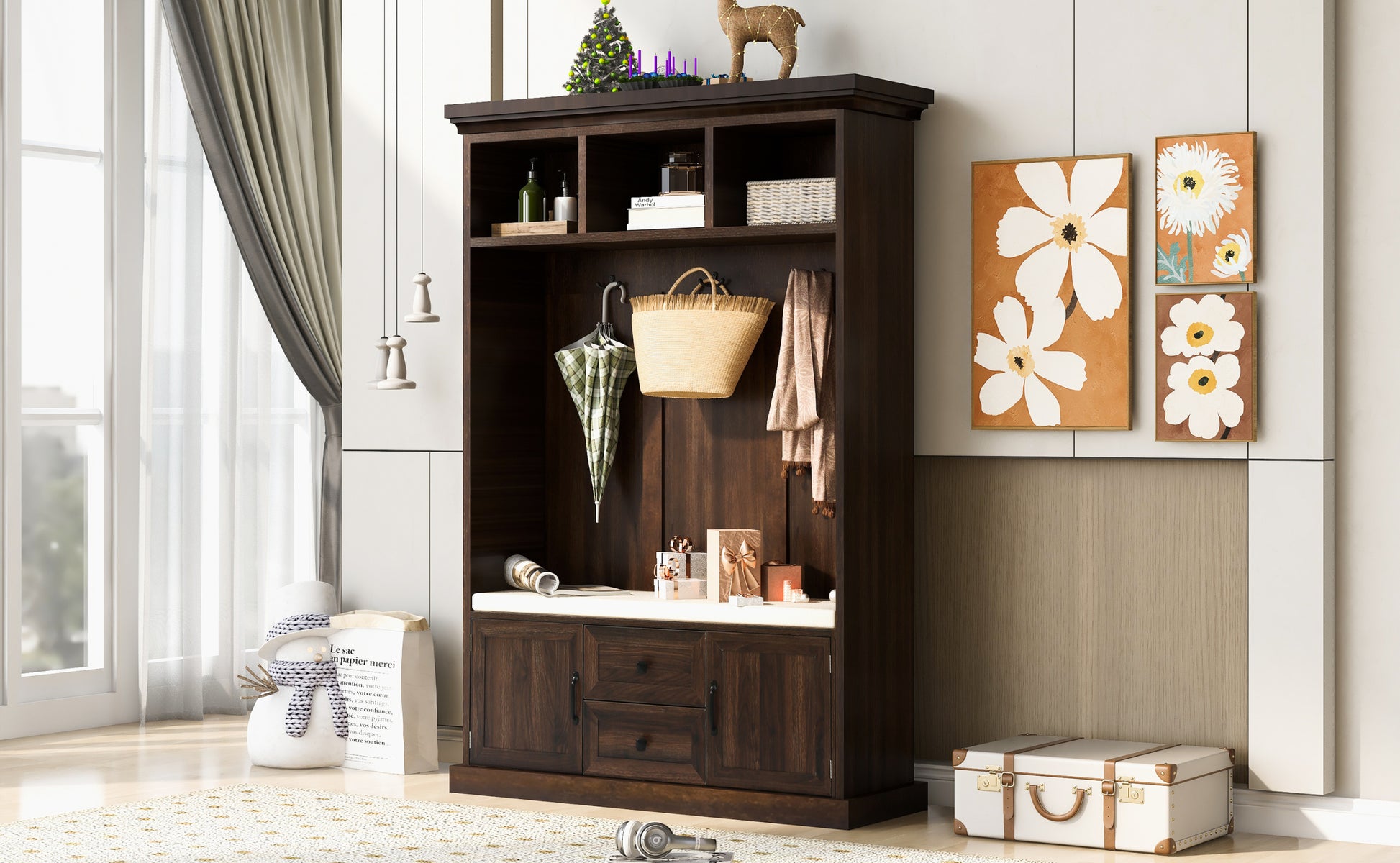 Hall Tree With 3 Hookscoat Hanger, Entryway Bench, Storage Bench, 3 In 1 Design, 47.2Inch, For Entrance, Hallway Tiger Brown Mdf