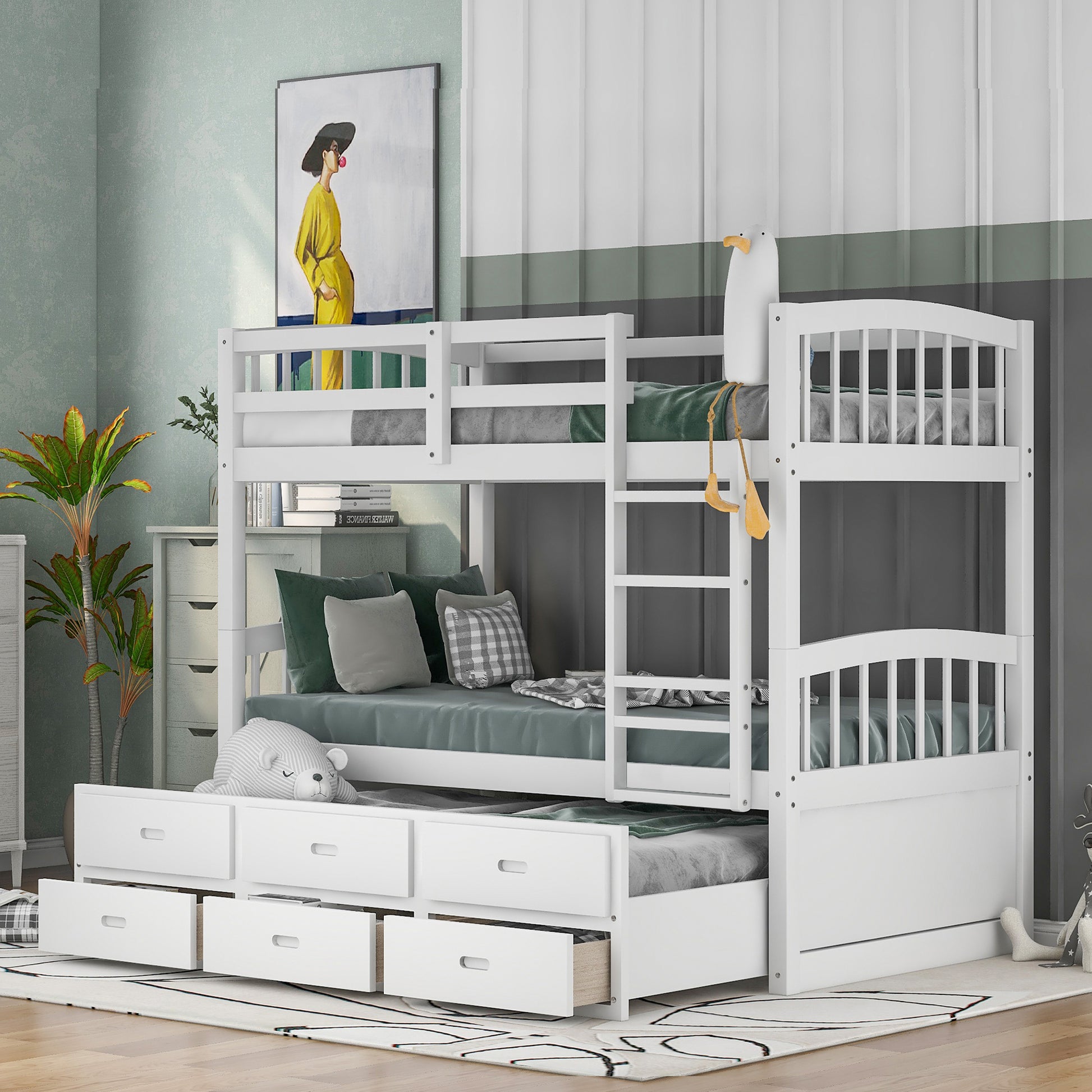 Twin Over Twin Wood Bunk Bed With Trundle And Drawers,White Box Spring Not Required Twin White Wood Bedroom Pine Bunk Pine