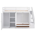 Functional Loft Bed With 3 Shelves, 2 Wardrobes And 2 Drawers, Ladder With Storage, No Box Spring Needed, White White Pine