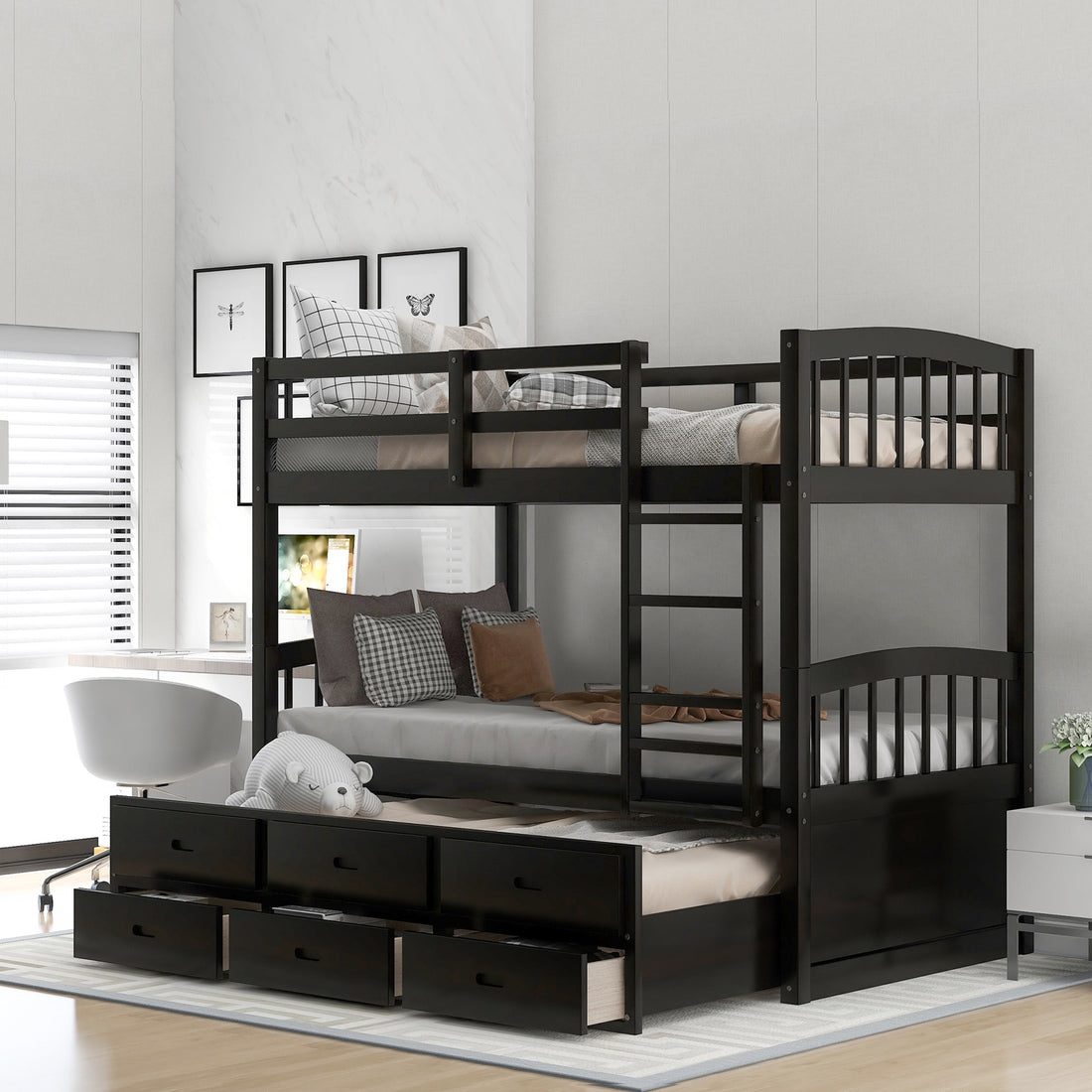 Twin Over Twin Wood Bunk Bed With Trundle And Drawers, Espresso Box Spring Not Required Twin Espresso Wood Bedroom Pine Bunk Pine