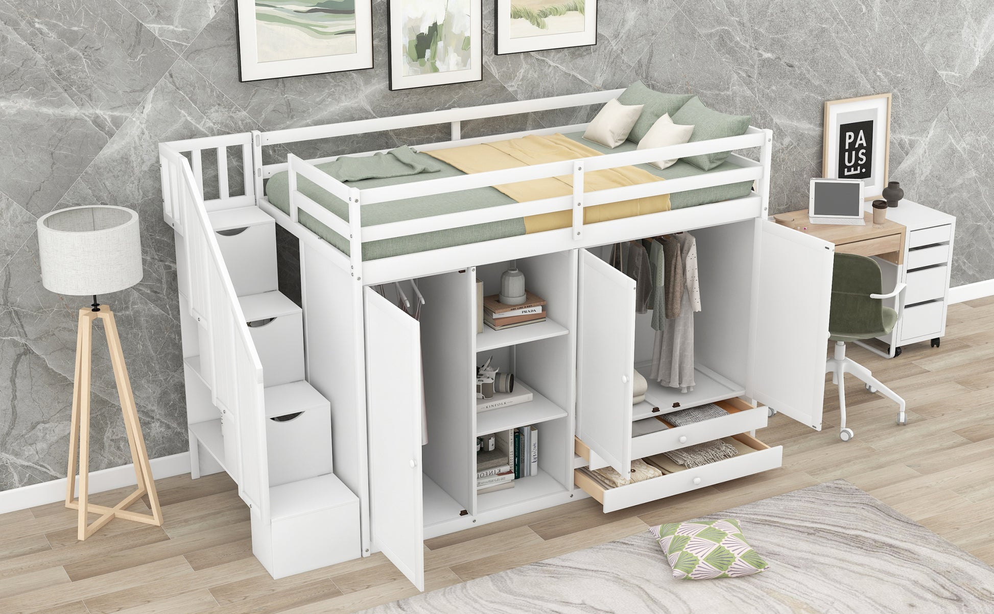 Functional Loft Bed With 3 Shelves, 2 Wardrobes And 2 Drawers, Ladder With Storage, No Box Spring Needed, White White Pine