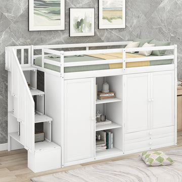 Functional Loft Bed With 3 Shelves, 2 Wardrobes And 2 Drawers, Ladder With Storage, No Box Spring Needed, White White Pine