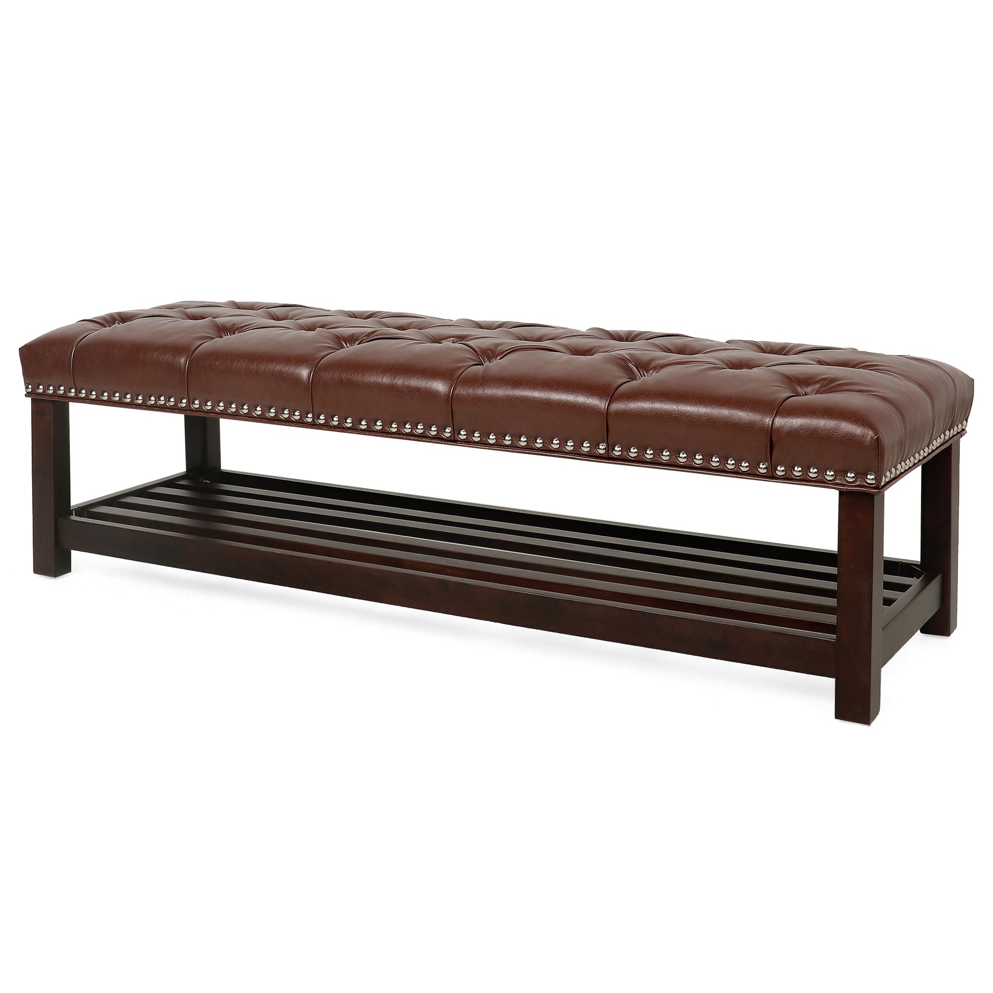 Bedroom End Of Bed Bench Tufted Upholstered End Of Bed Bench End Of Bed Entrance Shoe Bench, 60" With Trim And Shelf Bedroom Upholstered Leather Bench Living Room Shoe Rack Footstool Brown Dark Brown Pu