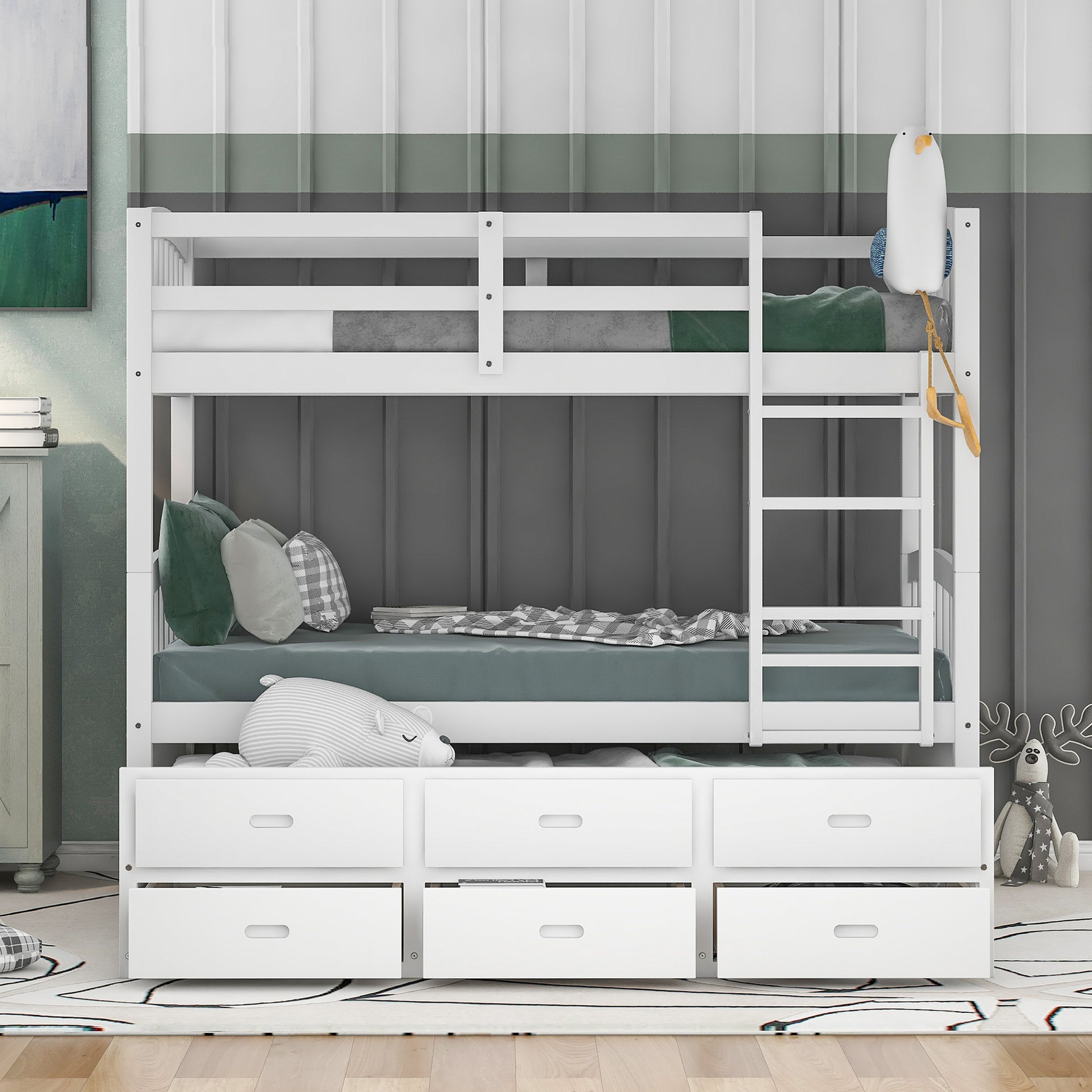 Twin Over Twin Wood Bunk Bed With Trundle And Drawers,White Box Spring Not Required Twin White Wood Bedroom Pine Bunk Pine