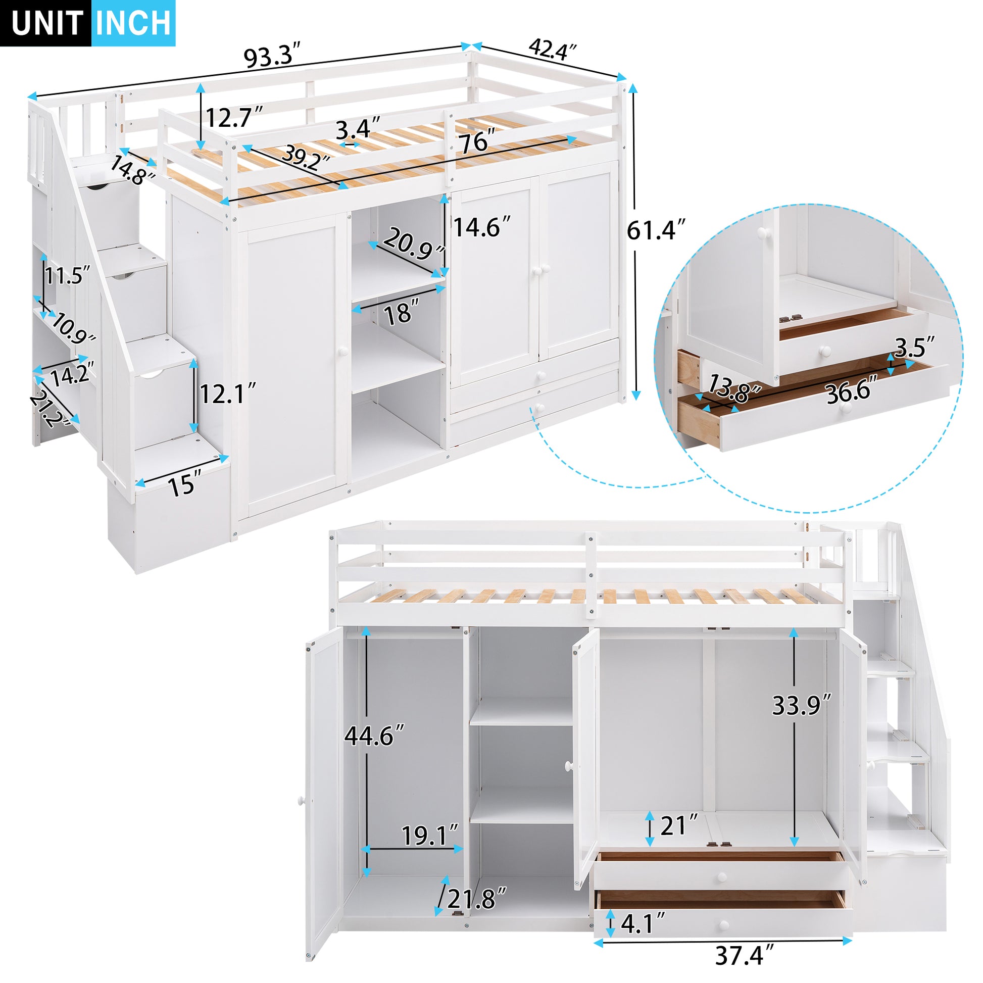 Functional Loft Bed With 3 Shelves, 2 Wardrobes And 2 Drawers, Ladder With Storage, No Box Spring Needed, White White Pine